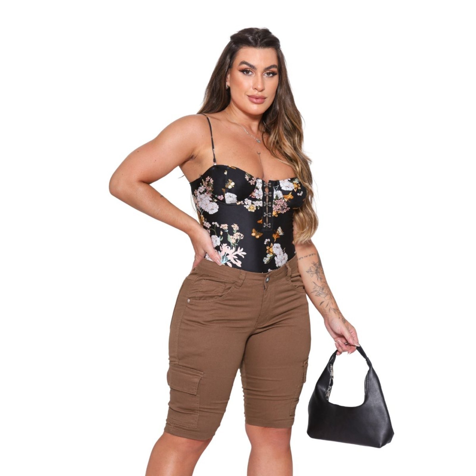 Bermuda Comprida Cargo Feminina Sarja Alleppo Jeans