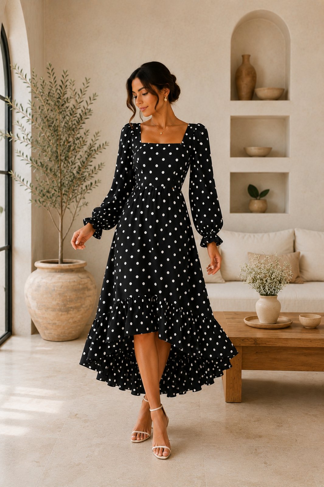 Vestido Midi Mullet Feminino Poá Branco com Costas em Elastex e Manga Longa Bolinha Preto