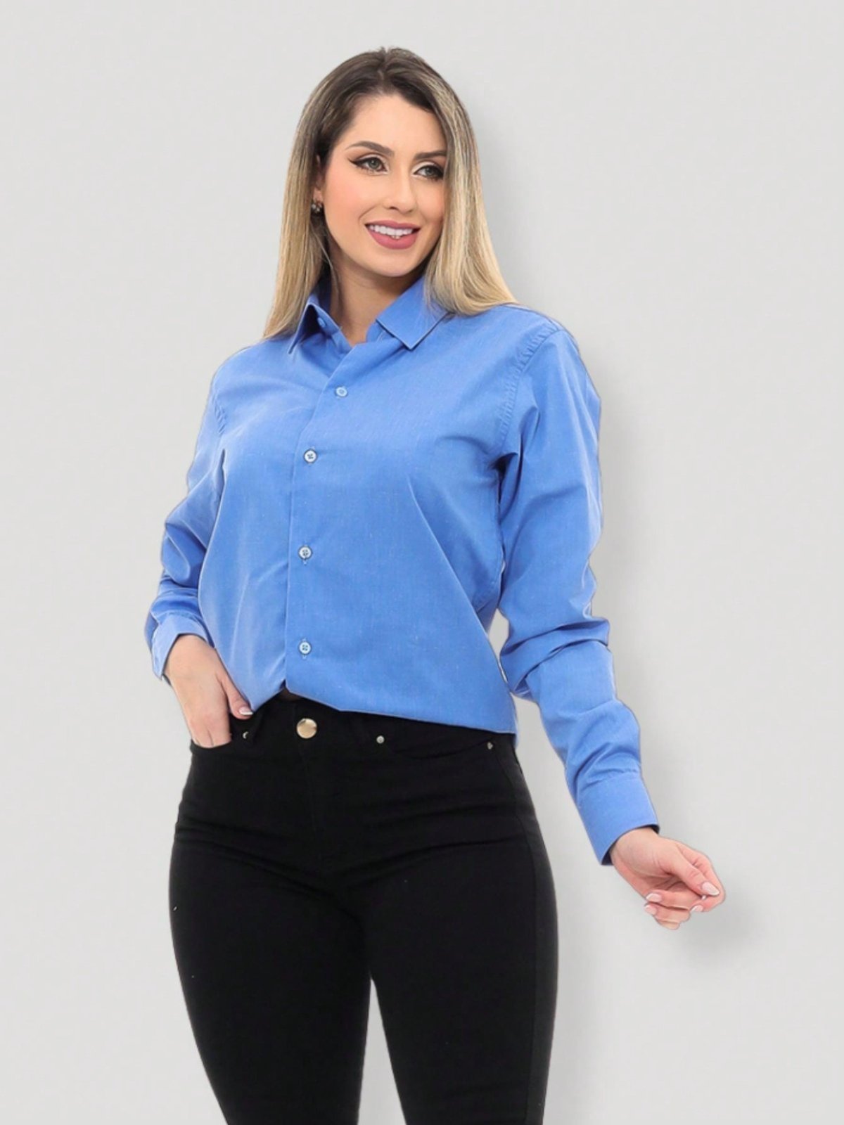 Camisa Social Feminina Premium Tipo Linho Azul Manga Longa