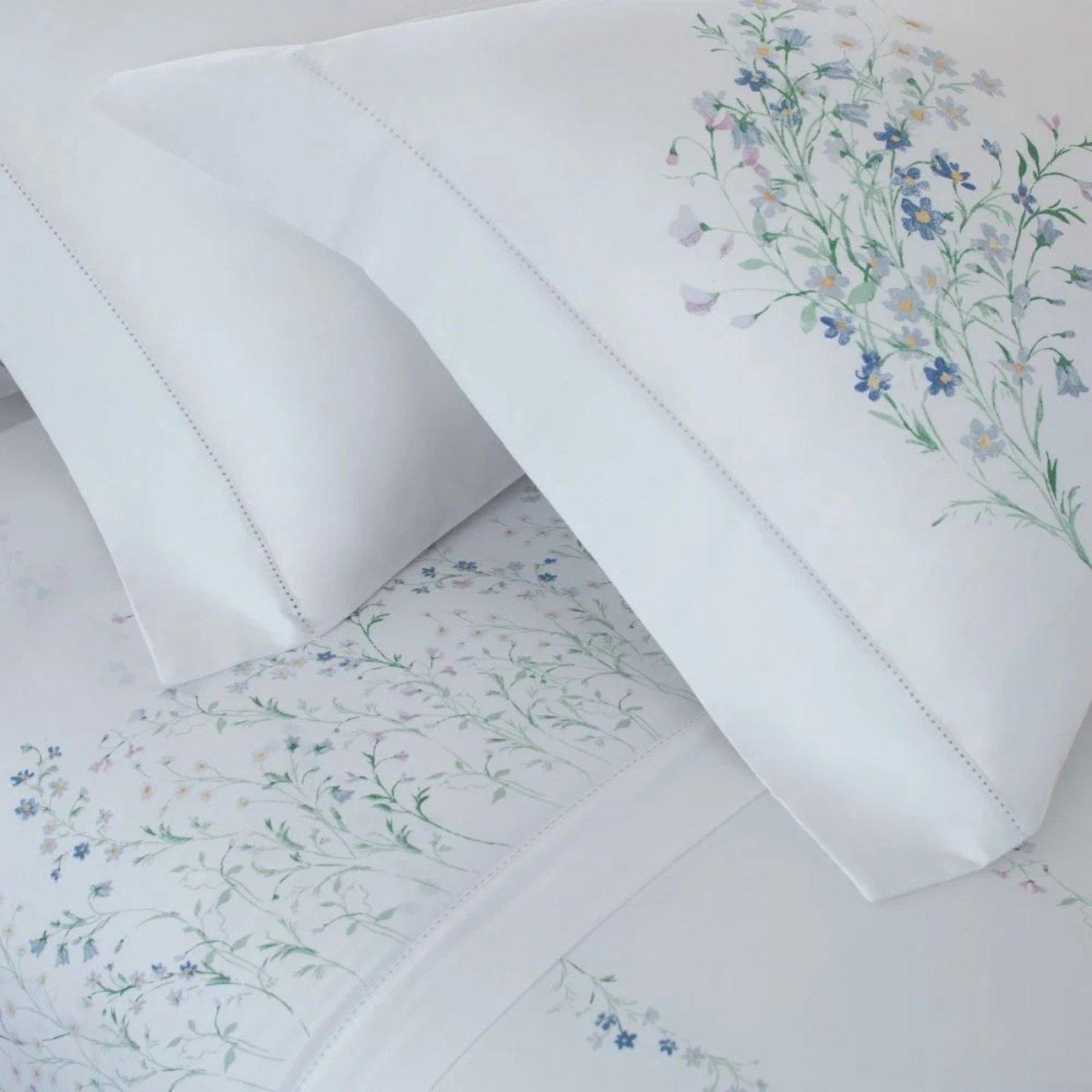 Jogo Cama Casal Cetim 300 Fios Buddemeyer Blue Daisy Branco