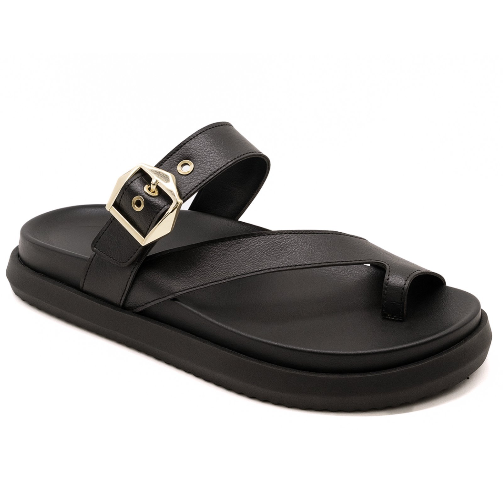 Sandália Flatform Papete Preta Feminina Tira Fivela Confortável 007