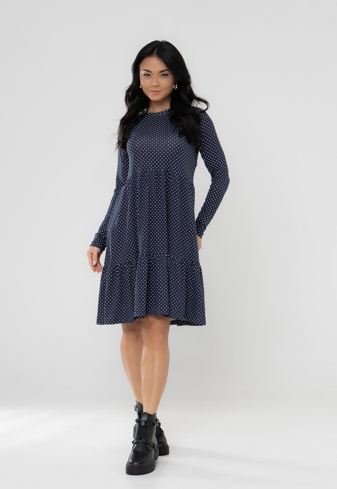 Vestido Aura Olívia Manga Longa Poá Marinho