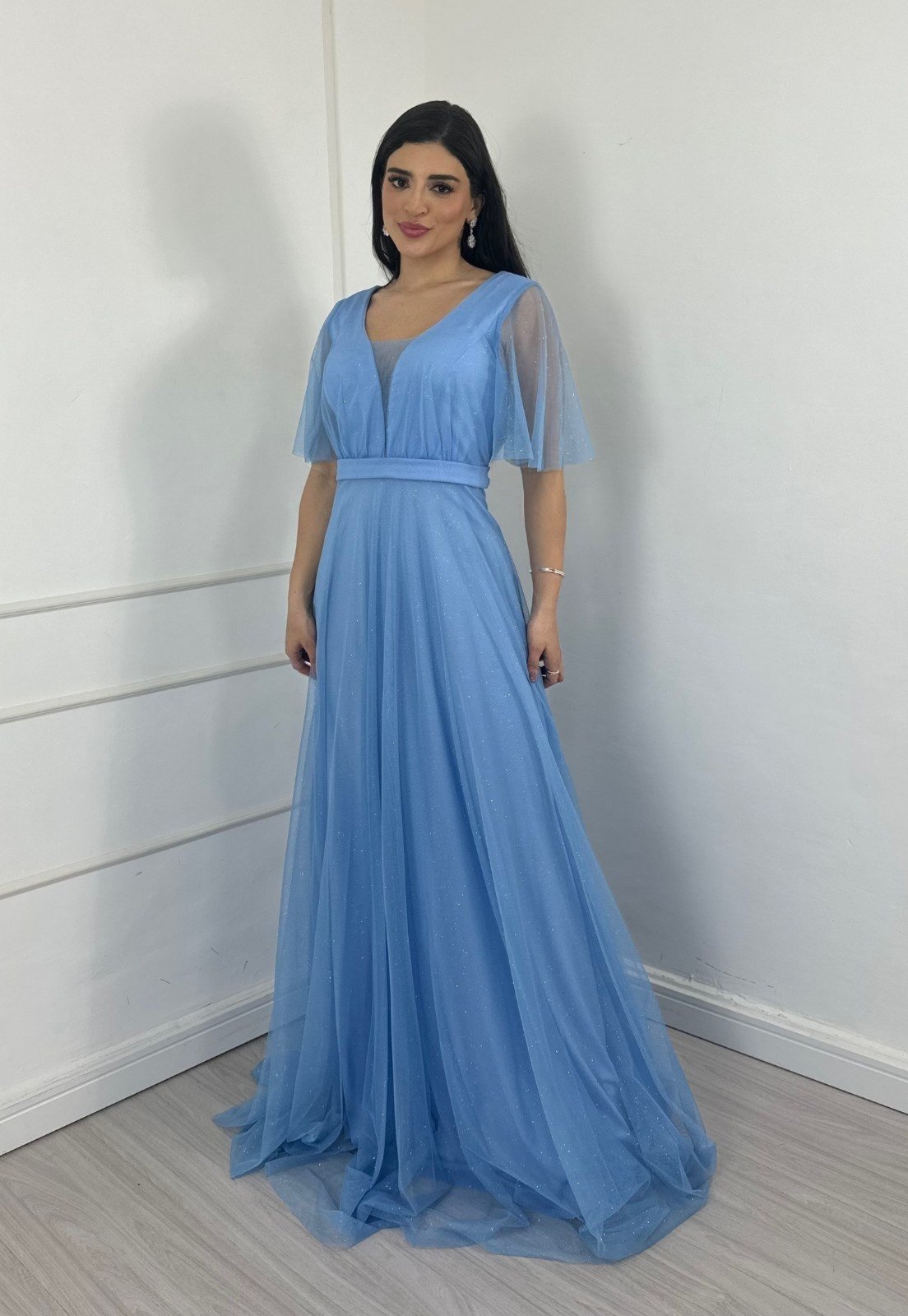 Vestido Longo de Festa Micro tule com brilho manguinha Jady Azul Serenity