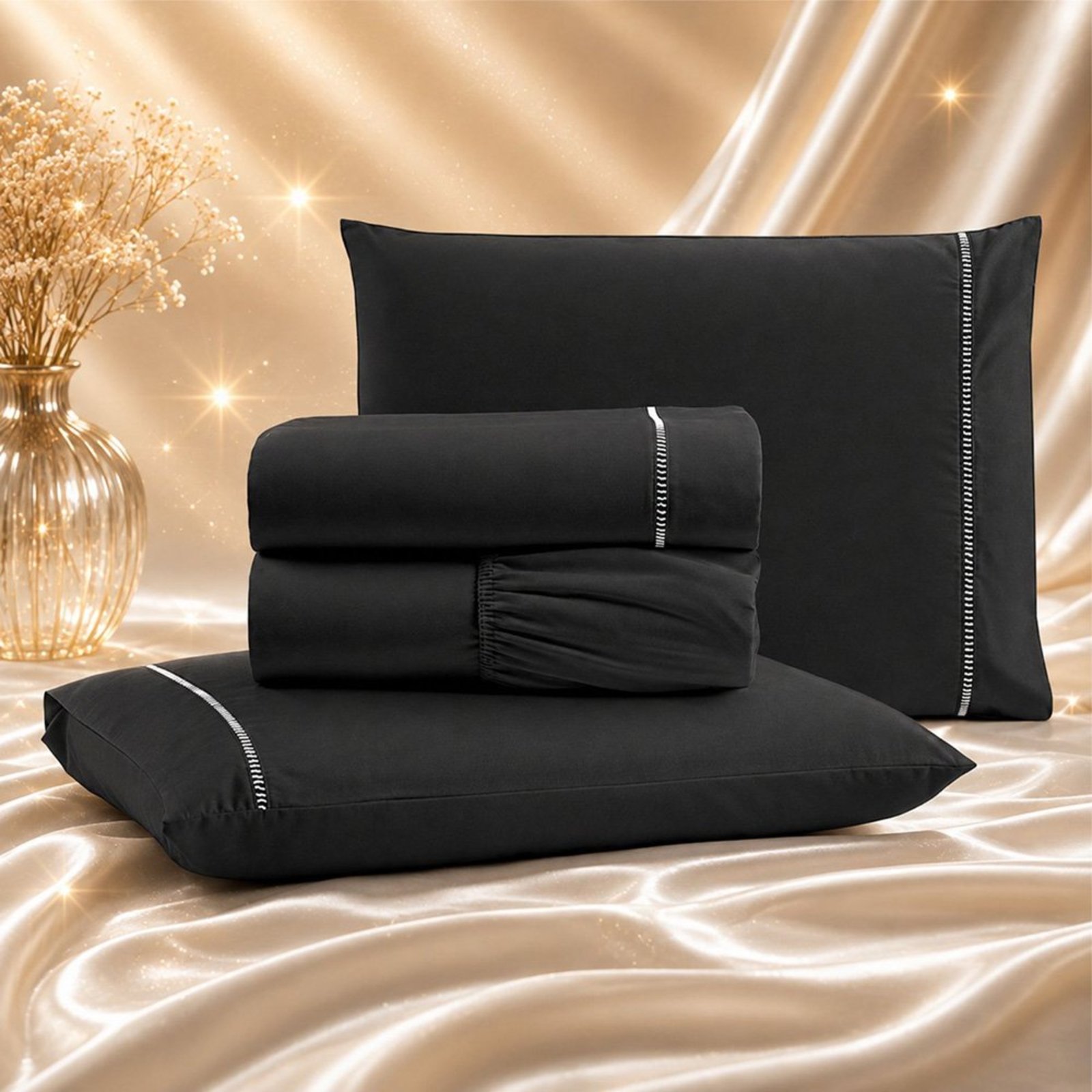 Jogo de Cama Lençol Quality King Micropercal 600 fios Macio 4 Peças - Preto