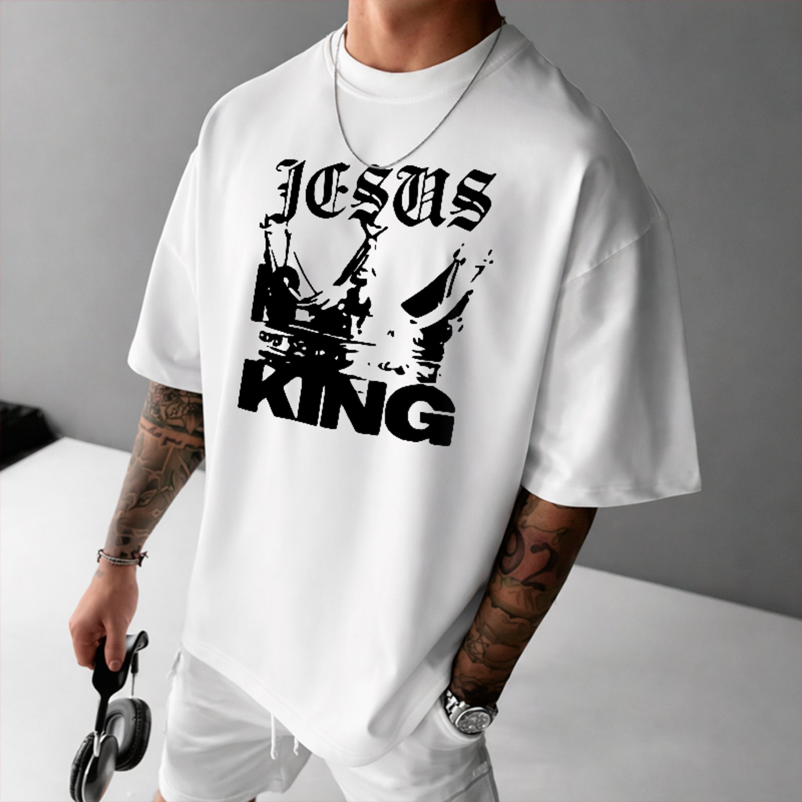 Camiseta Oversized Jesus King Fé Cristã Style Unissex Branco