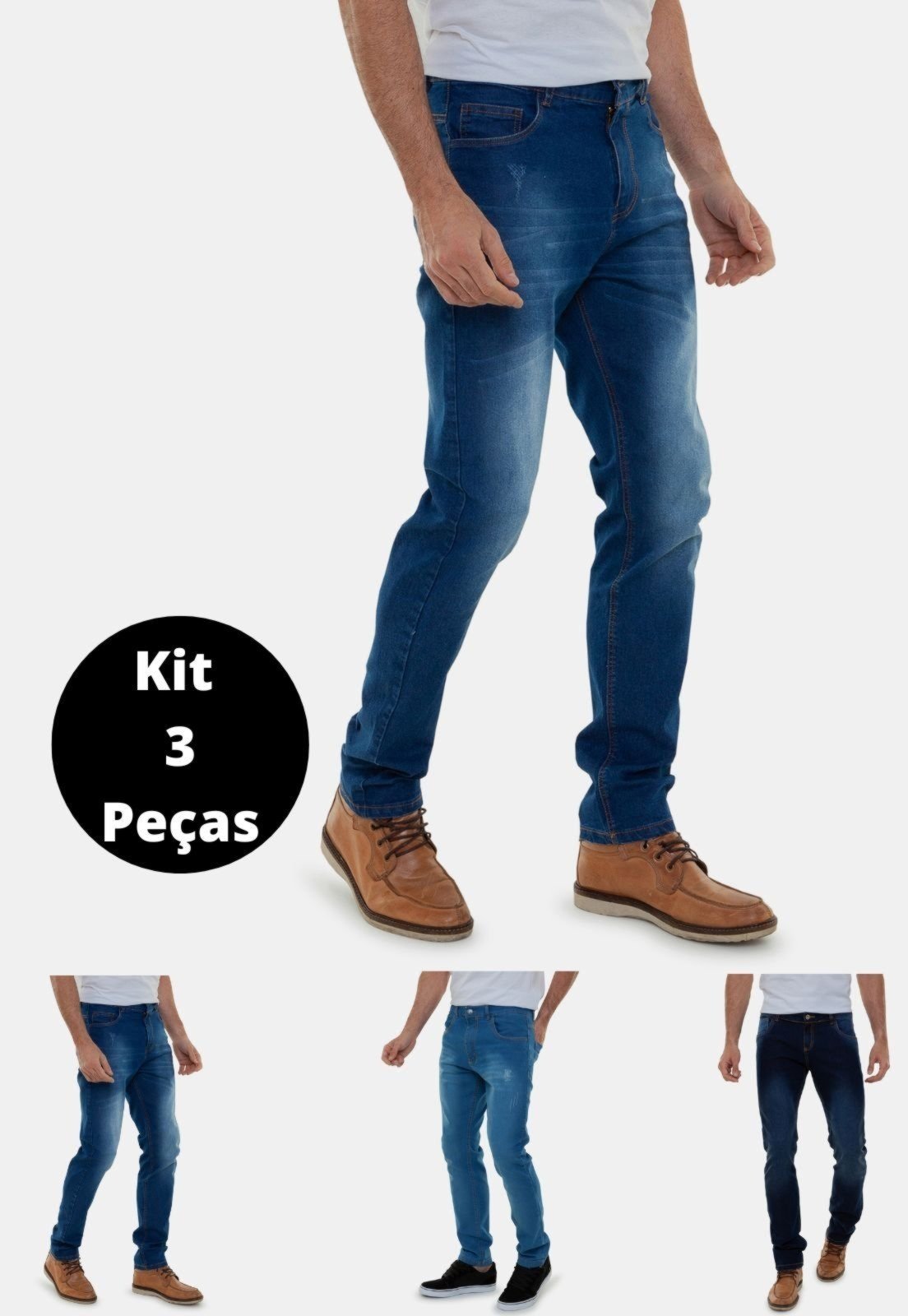 Kit 3 Calças Jeans Masculinas Azul Lavagem Clara Pompéia Versatti