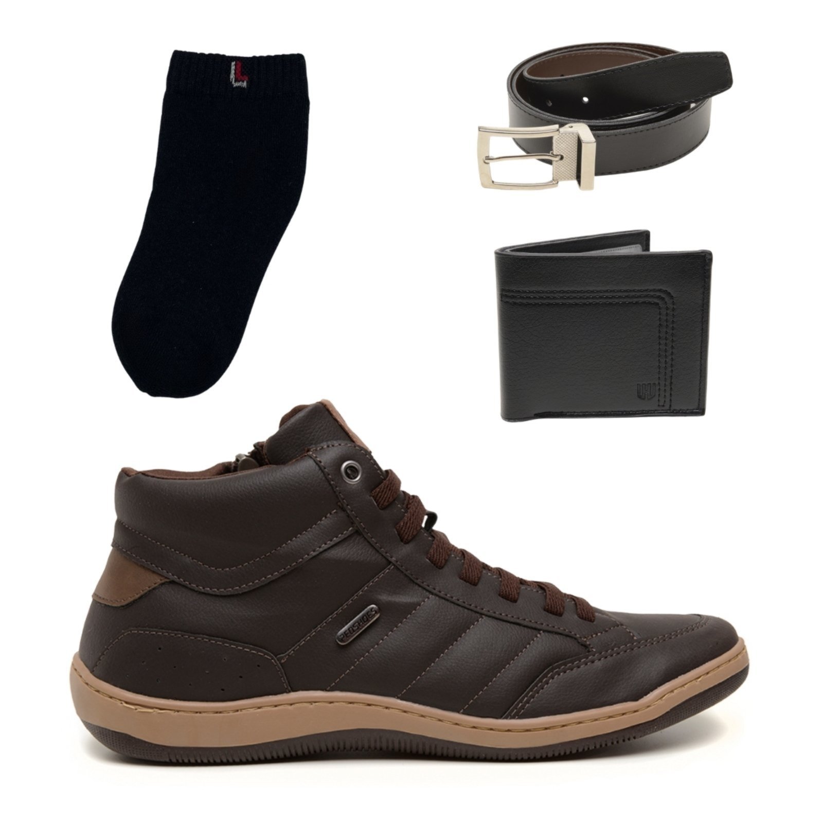 Kit Sapato Casual Masculino Sintético Rovetto com Cinto Dupla Face, Carteira e Meia Preta Algodão