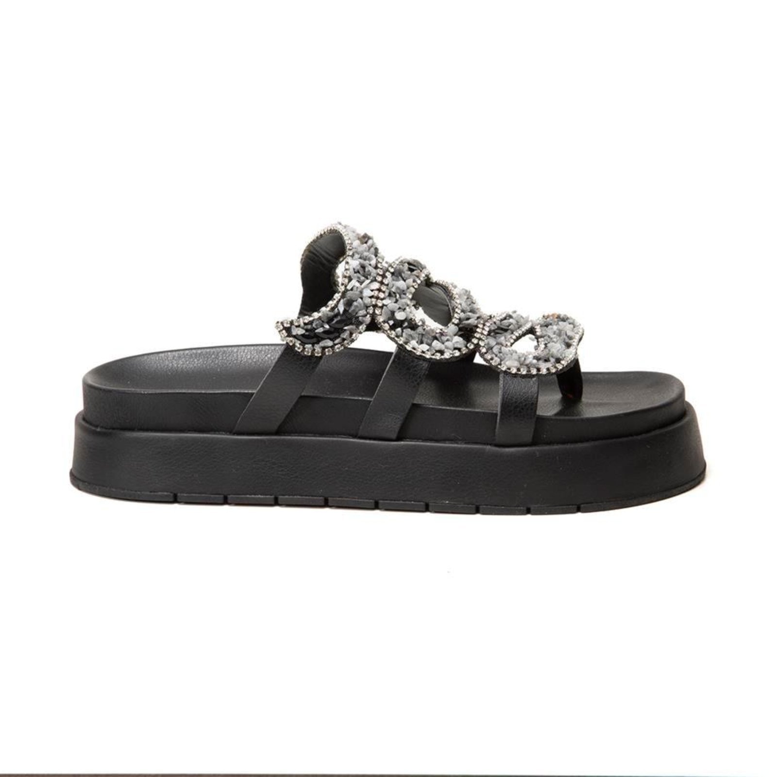 Sandália Papete Feminina Solado Flatform Cobra Pedraria Dourado 33 Preto