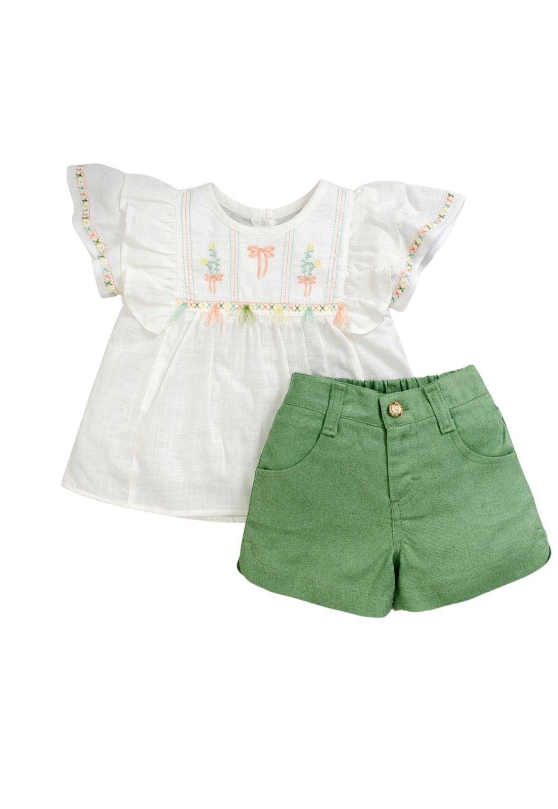 Vista 2 Infantil - Conjunto Menina Shorts Anjos Baby Off-white off-white white Anjos Baby off-white white