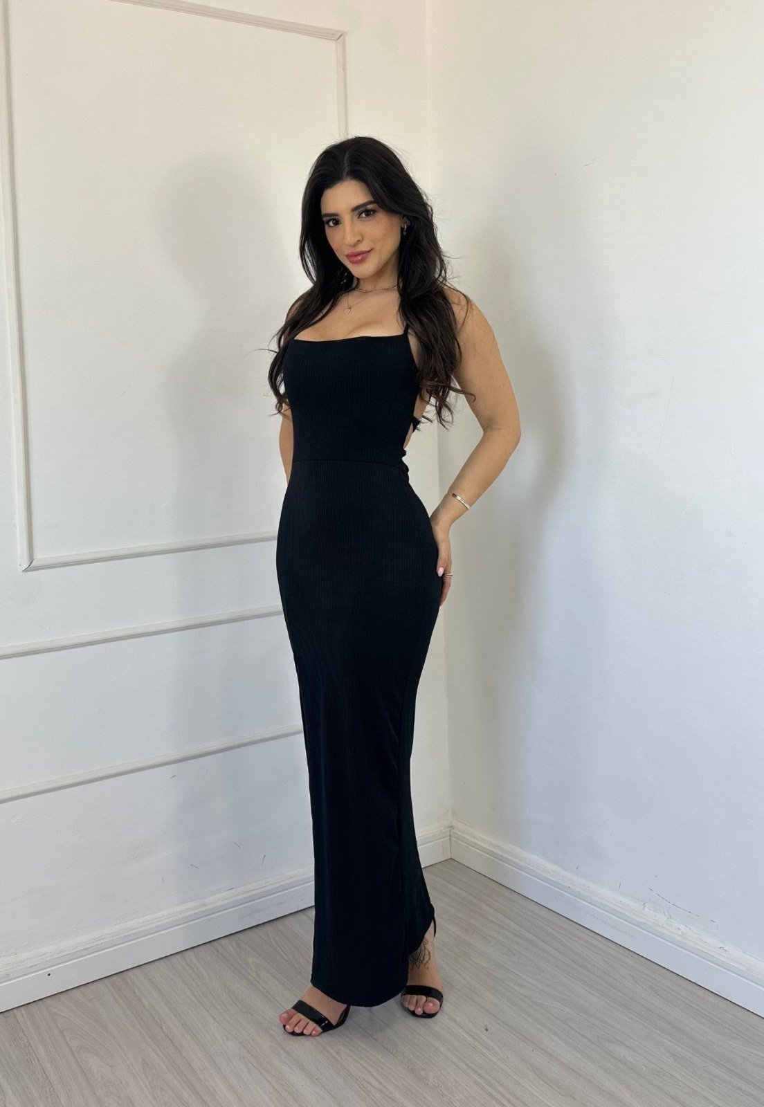 Vestido Canelado Amarração Gislene Preto