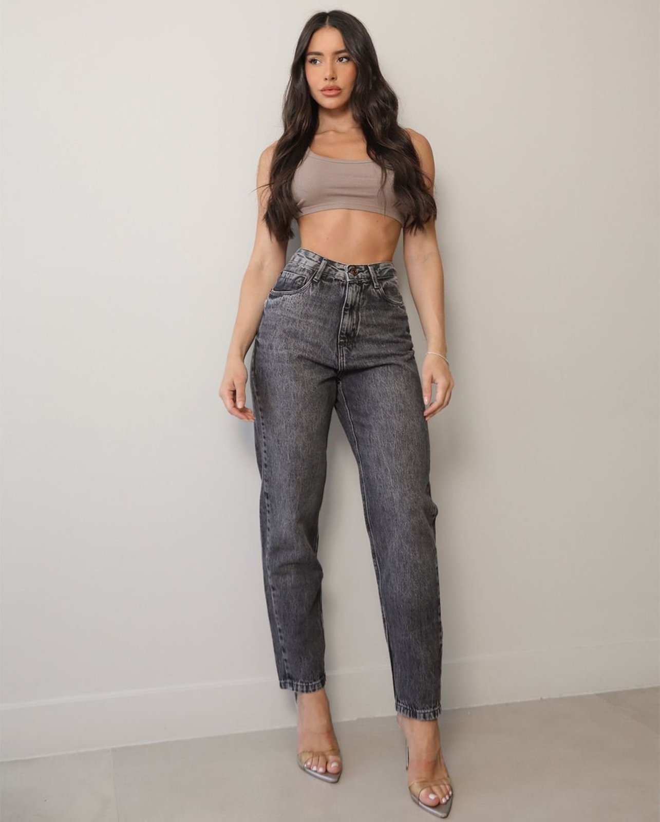 Vista 2 Calça Jeans Mom Feminina Cintura Alta 25118 Vintage Consciência cinza Consciência cinza