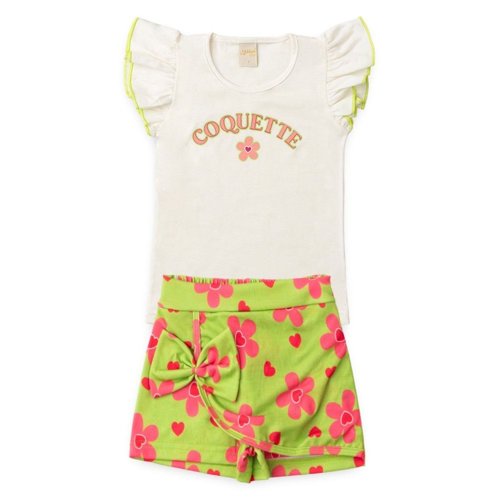 Infantil - Conjunto Verão Menina Natural Blusa com Babado e Shorts Saia Florzinhas
