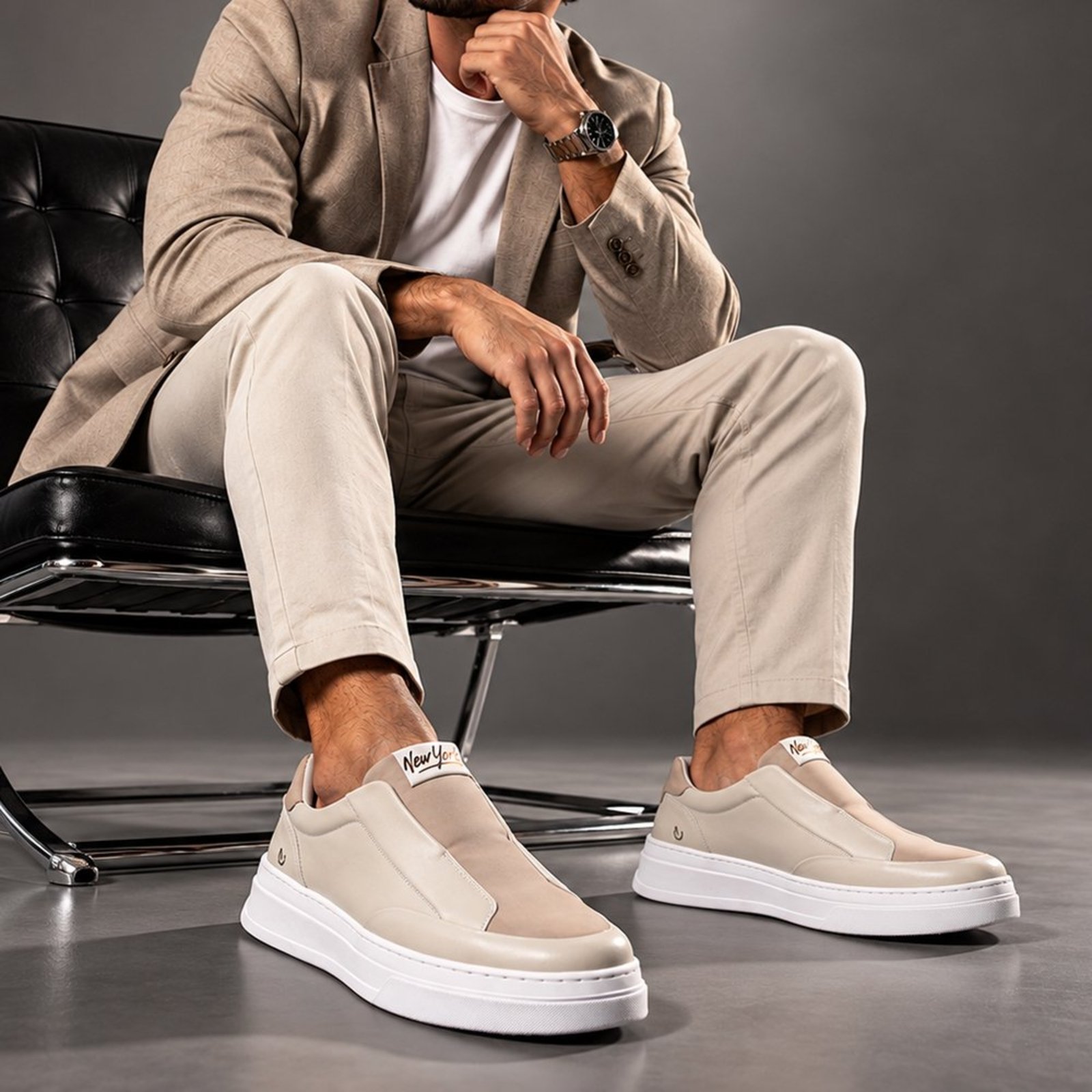 Tênis Masculino Slip On Casual Calça Fácil Mule Iate Grande Sola Alta Alto Robusto