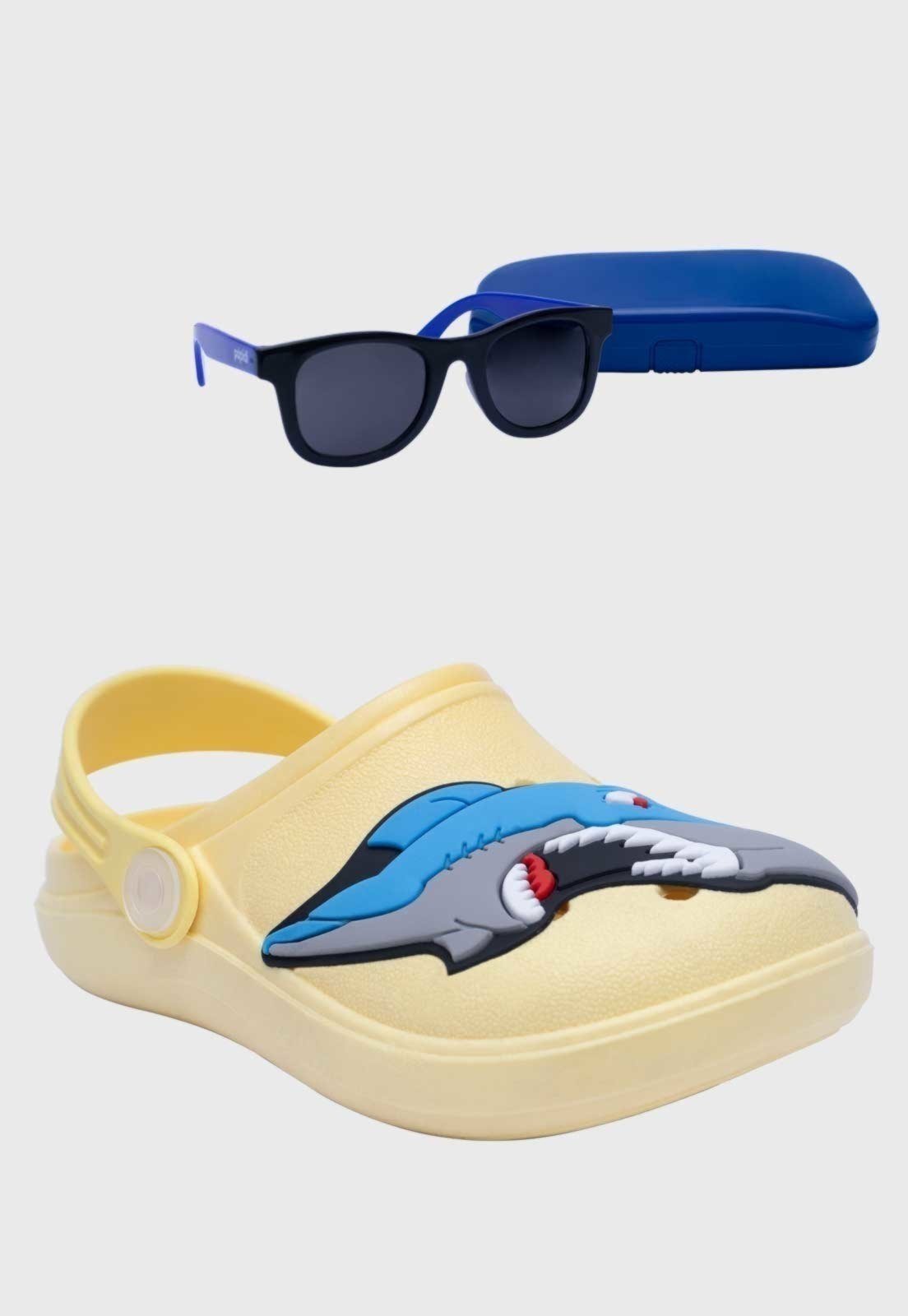 Infantil – Kit Babuche Tubarão Amarelo e Óculos de Sol Azul com Capinha