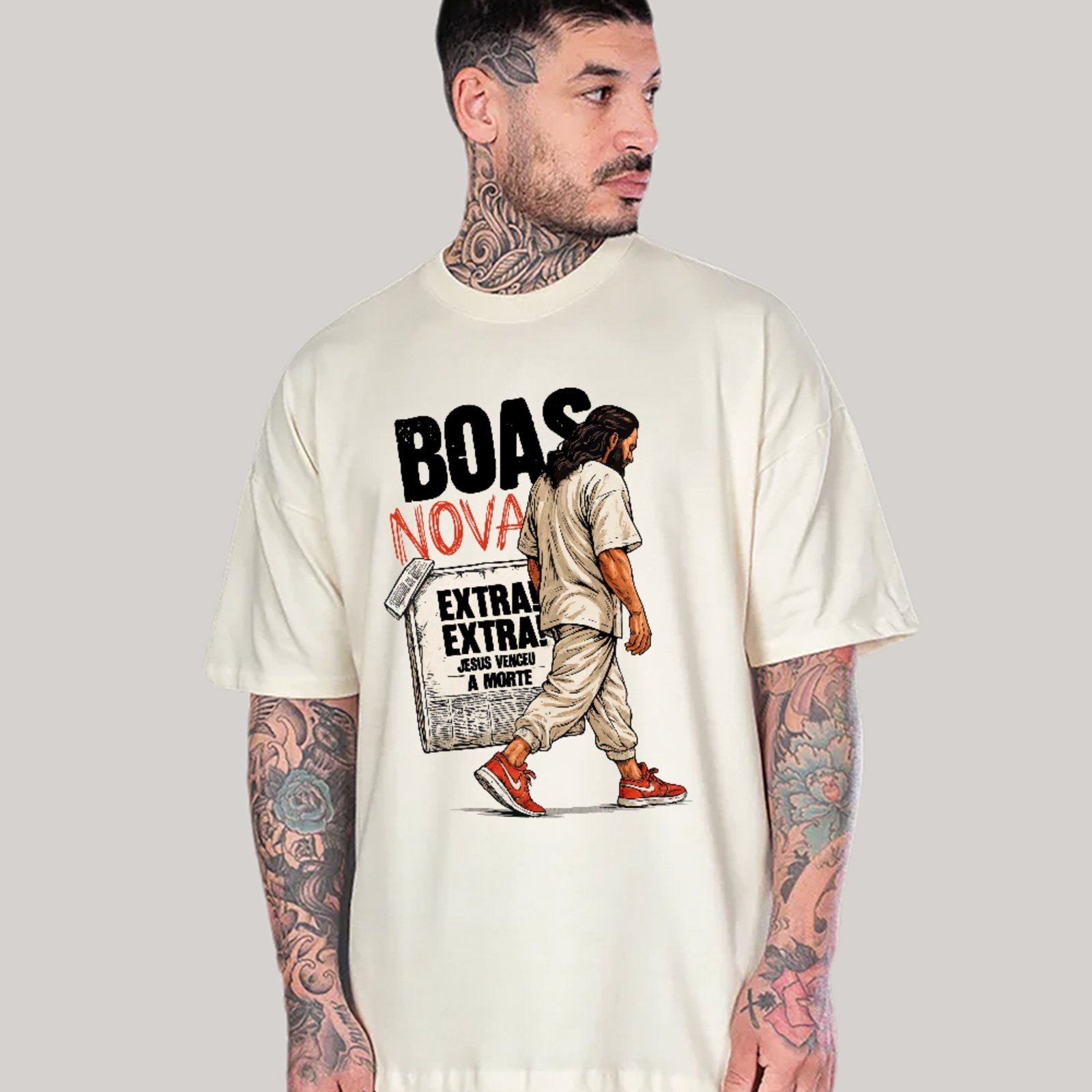 Camiseta Unissex Ousy Cristã Boas Novas Oversized OFF White