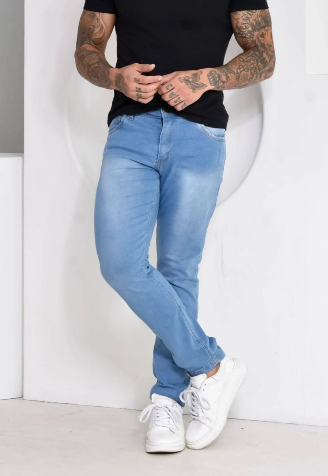Calça Jeans Masculina Slim Com Detalher em Puidos linha Premium Modelo Fashion Azul Delave