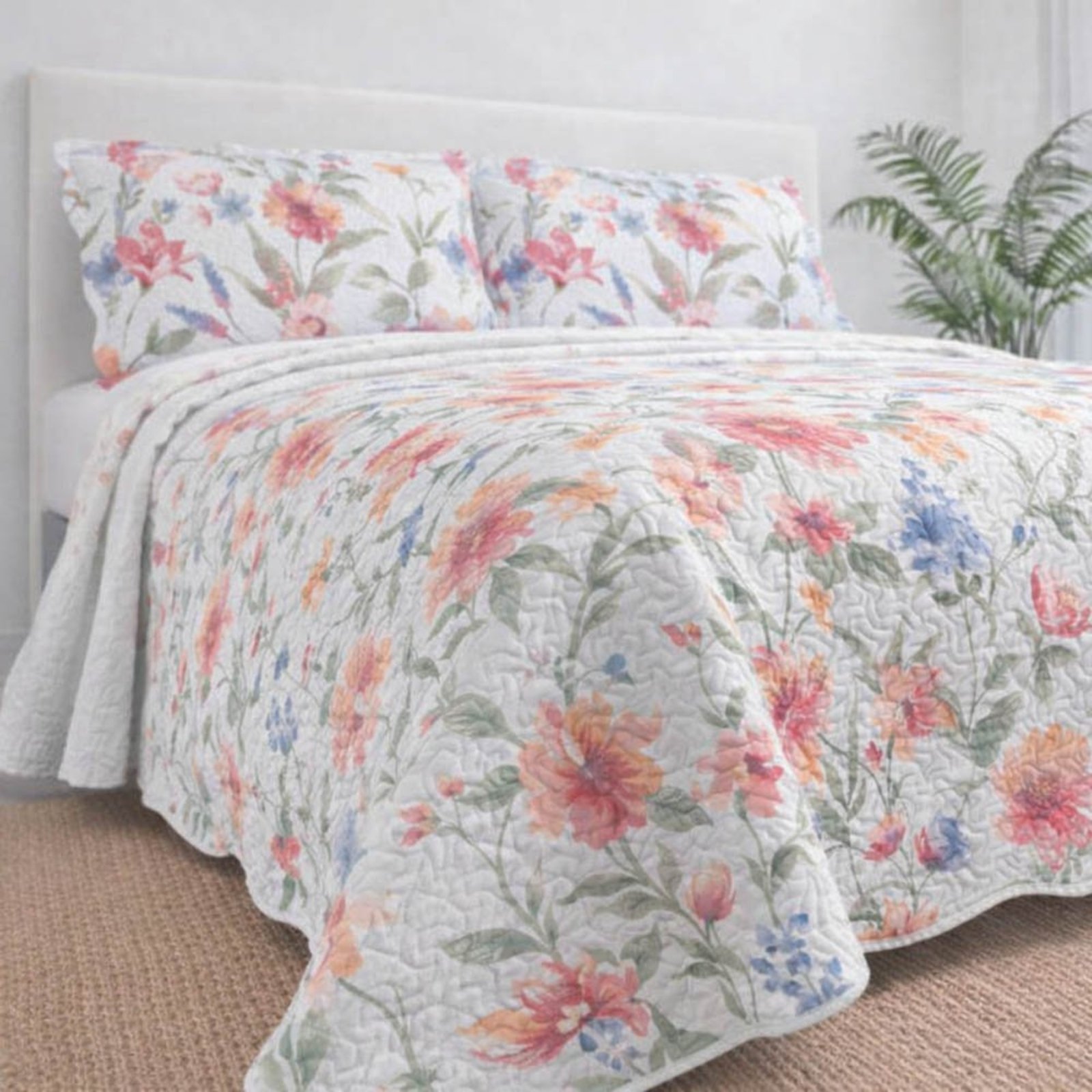Kit Cobre Leito Evolution Queen Estampado Floral Dupla Face Colcha 3 Peças Lindoia