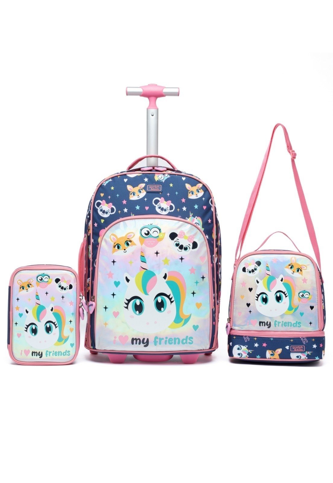 Infantil - Kit Mochila De Rodinha Escolar Estojo Lancheira Unicornio