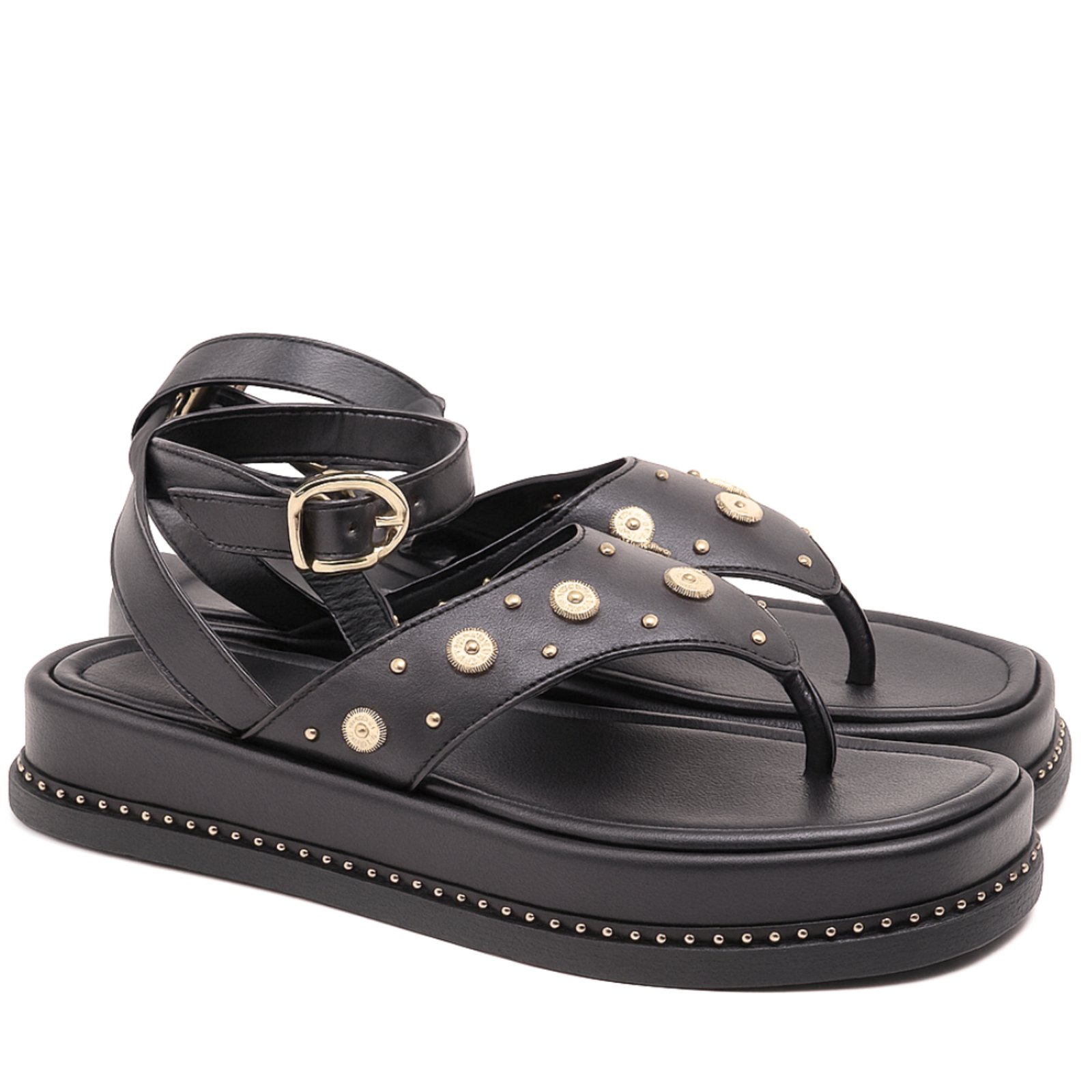 Sandália Flatform Feminina Papete Tiras Fivela 23402 Floter Preta Flor Da Pele