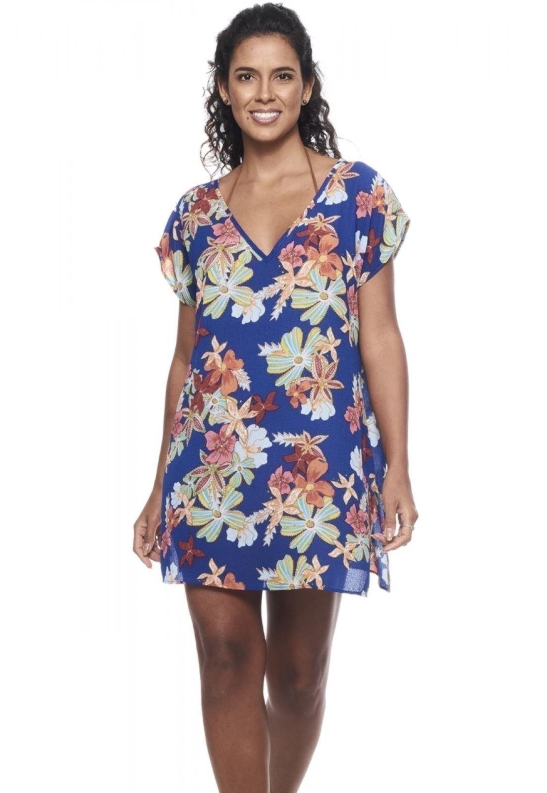 Túnicas Blusa Saida Crepe Acetinado Decote V Azul Multicolorido