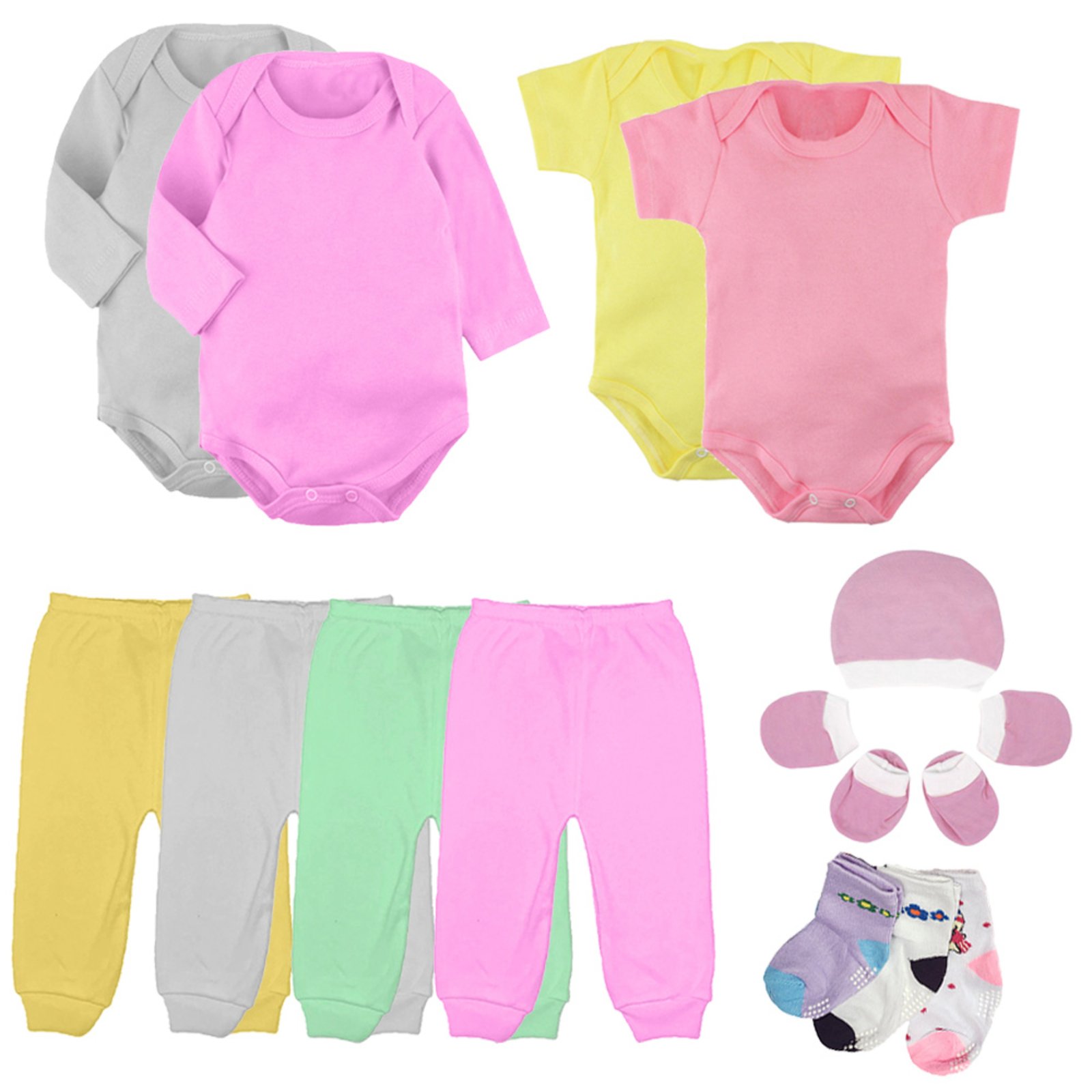Infantil – Kit Roupa De Body Mijão Kit Touca e Meia 14 Peças Algodão Rosa