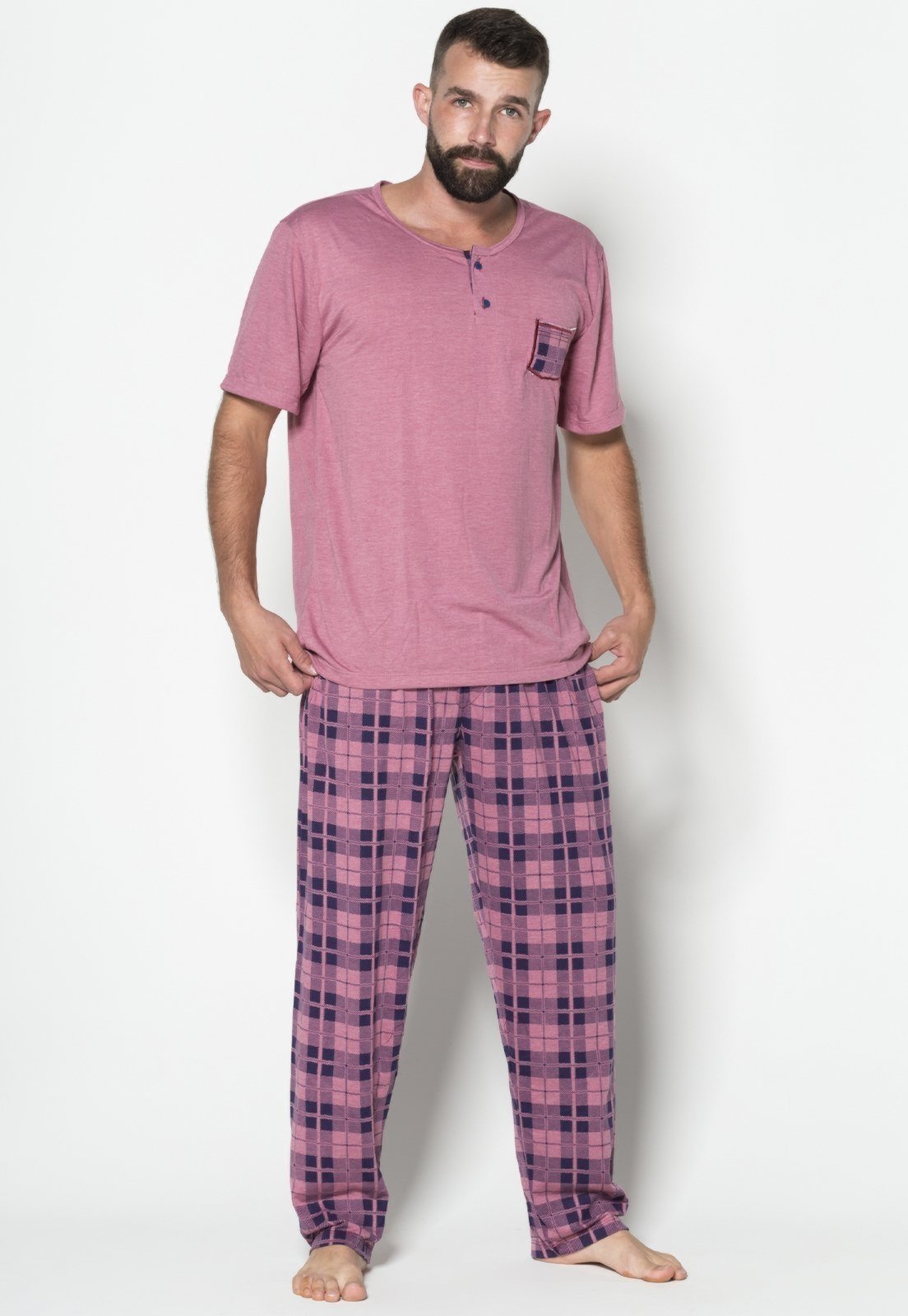 Pijama Masculino WLS Modas Calça Comprida e Manga Curta Vinho