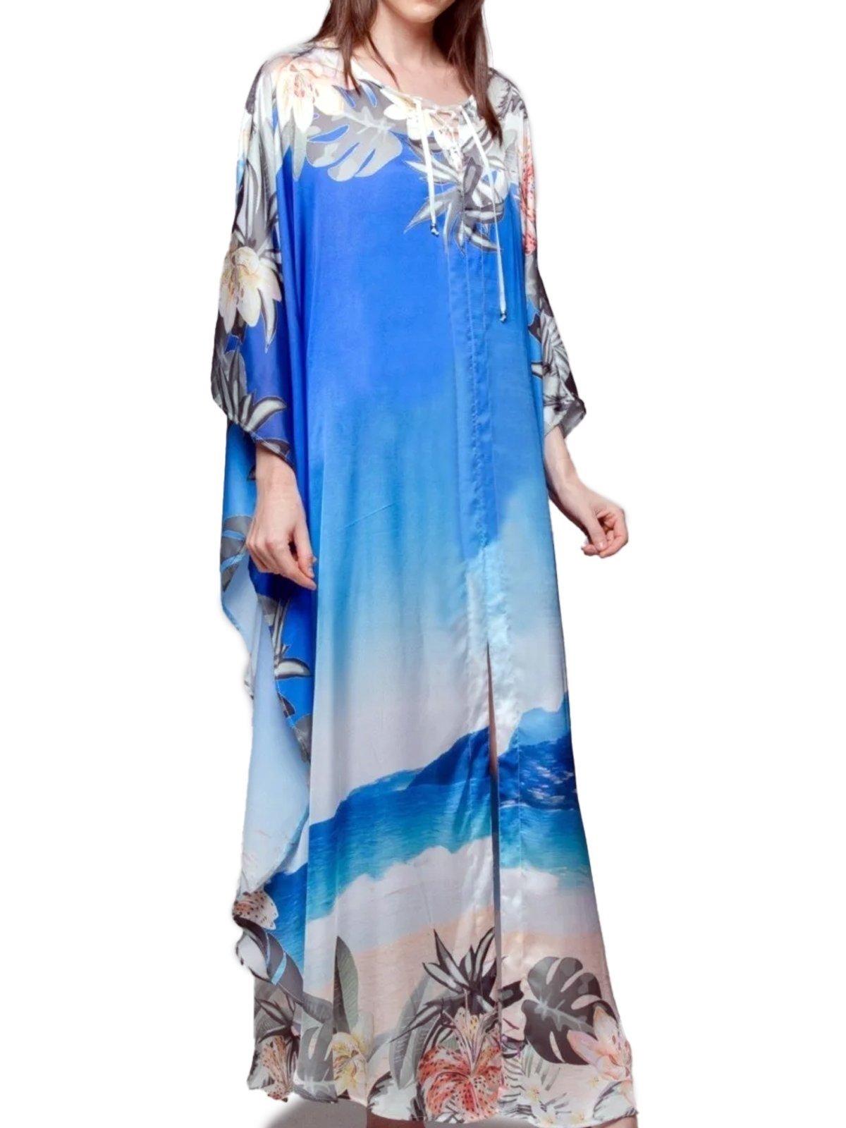 Vestido Kaftan Longo Crepe Estampado EXCLUSIVO Trancoso Azul