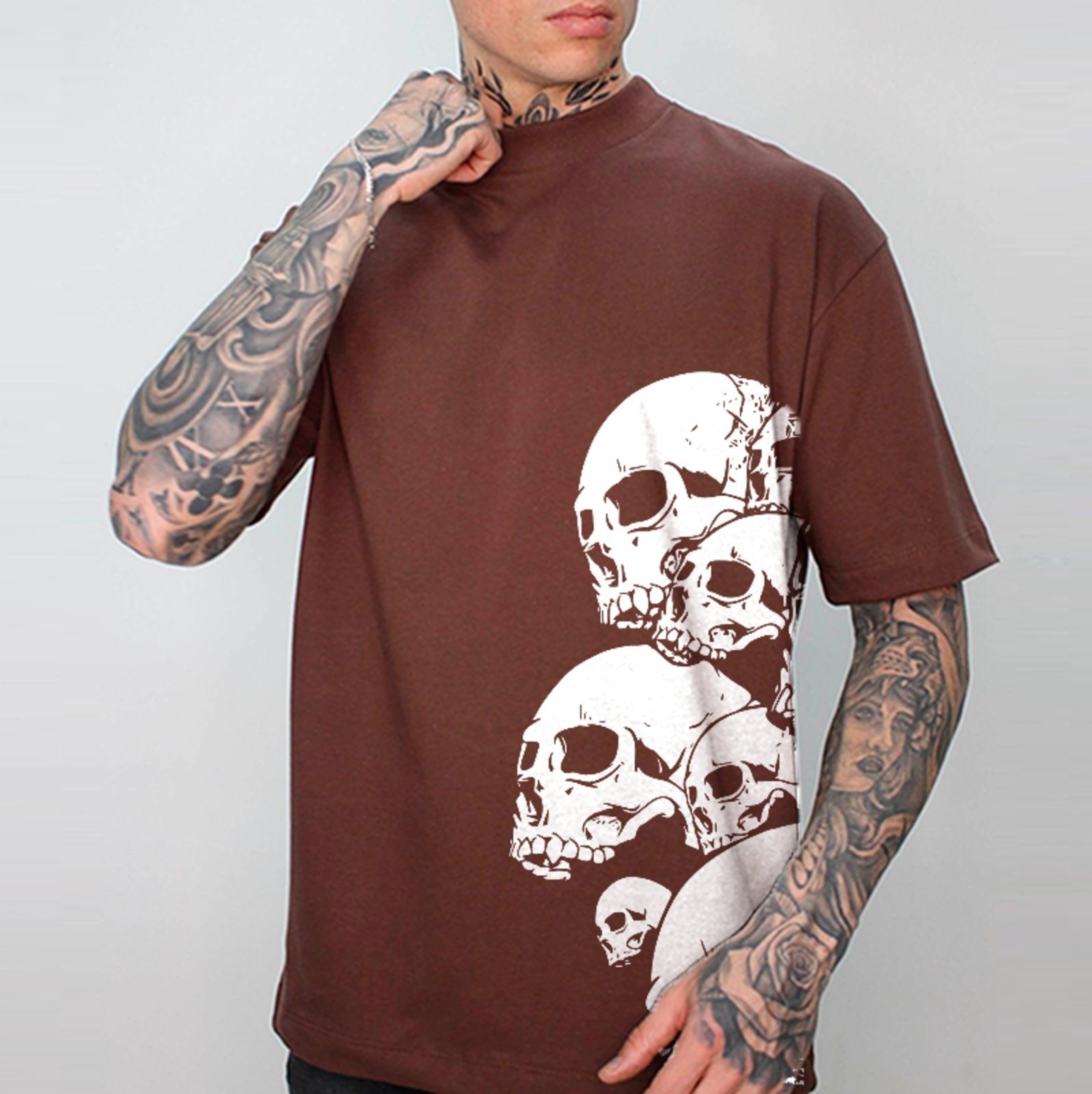 Camiseta Oversized Caveira Skull Arte Dark Street Unissex Marrom