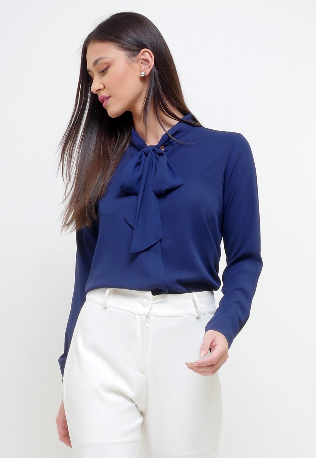 Camisa Intens Manga Longa Crepe Laço Azul