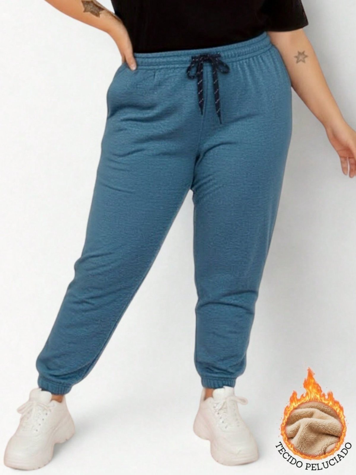 Calça de Moletom Feminina Plus Size Jogger Tecido Flanelado com Bolso Jade Calça de tamanho grande para mulher