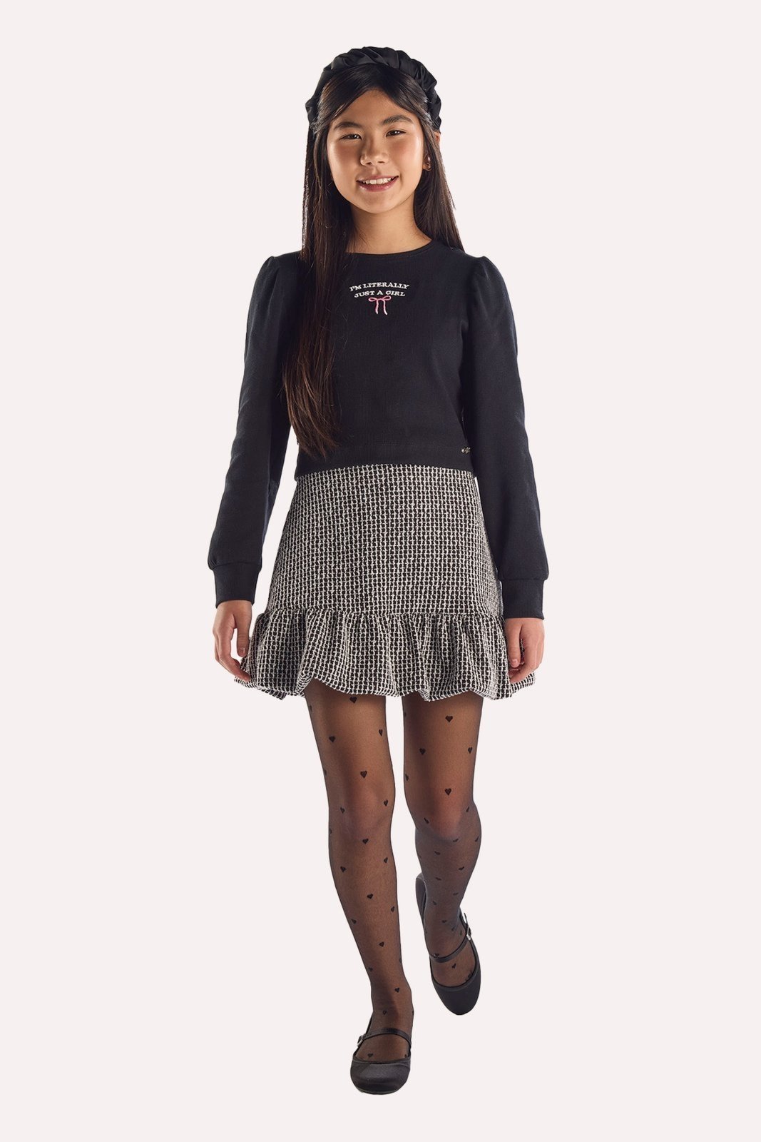 Infantil - Conjunto Preto Blusa em Algodão e Saia em Jacquard Xadrez