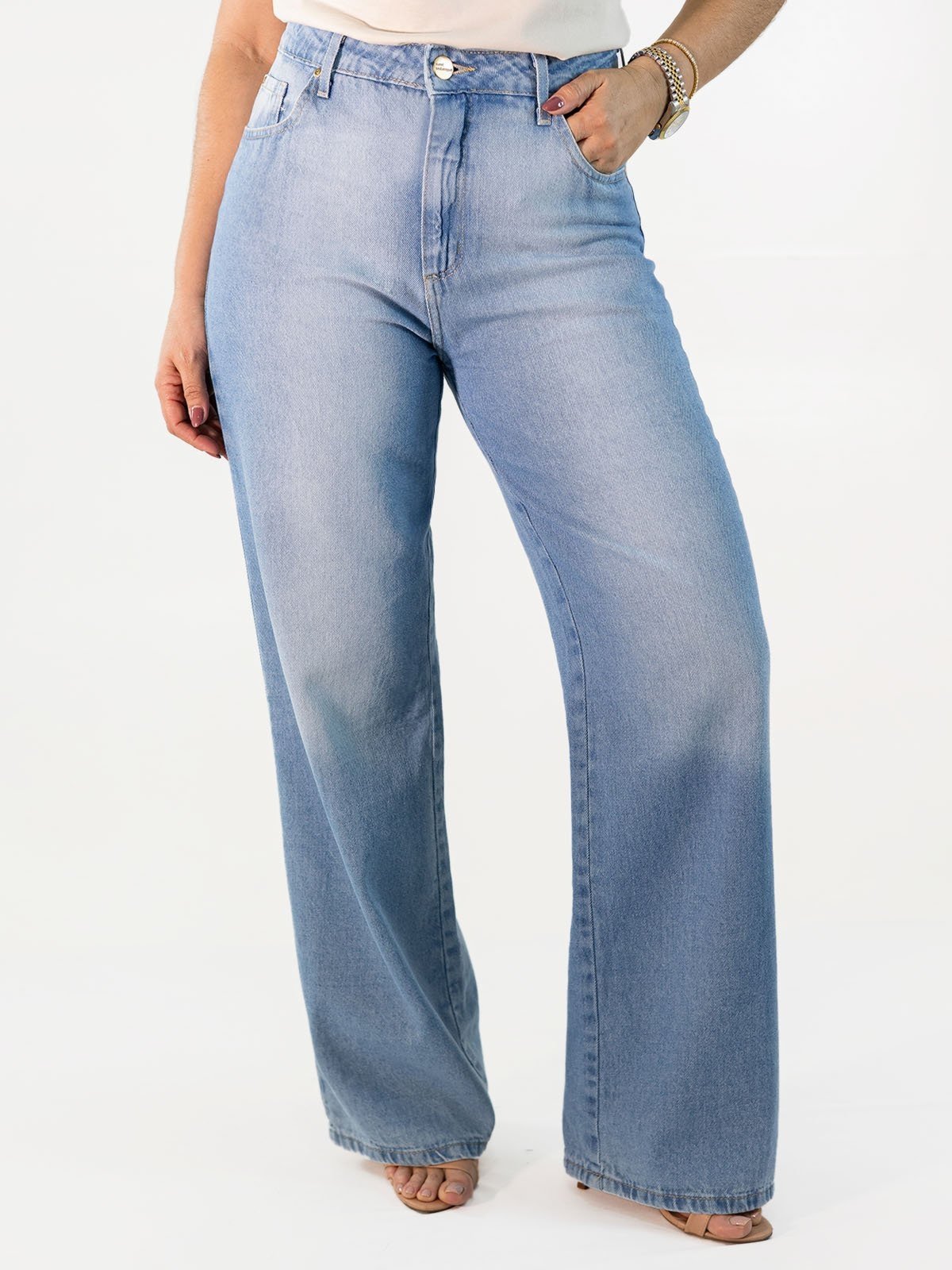 Calça Feminina Jeans Delavê Wide Led Cintura Alta Anticorpus