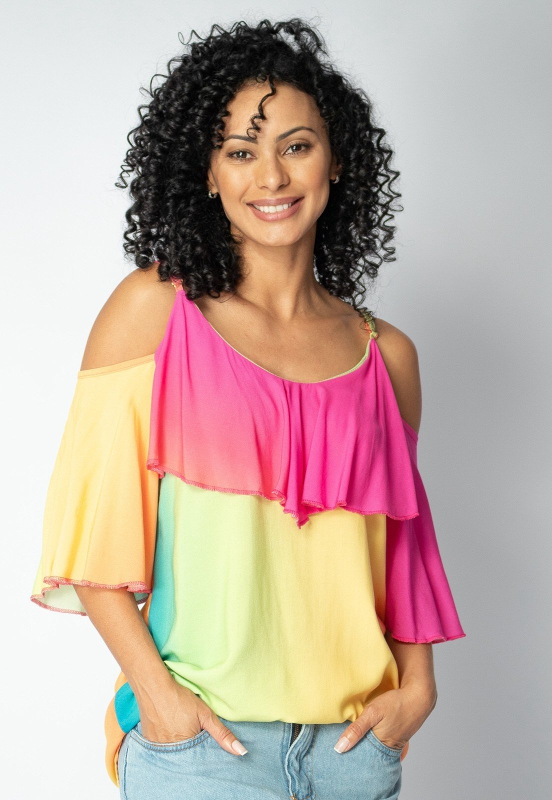 Blusa Regata Cacequi Babados Amazonia Vital Arco-Íris