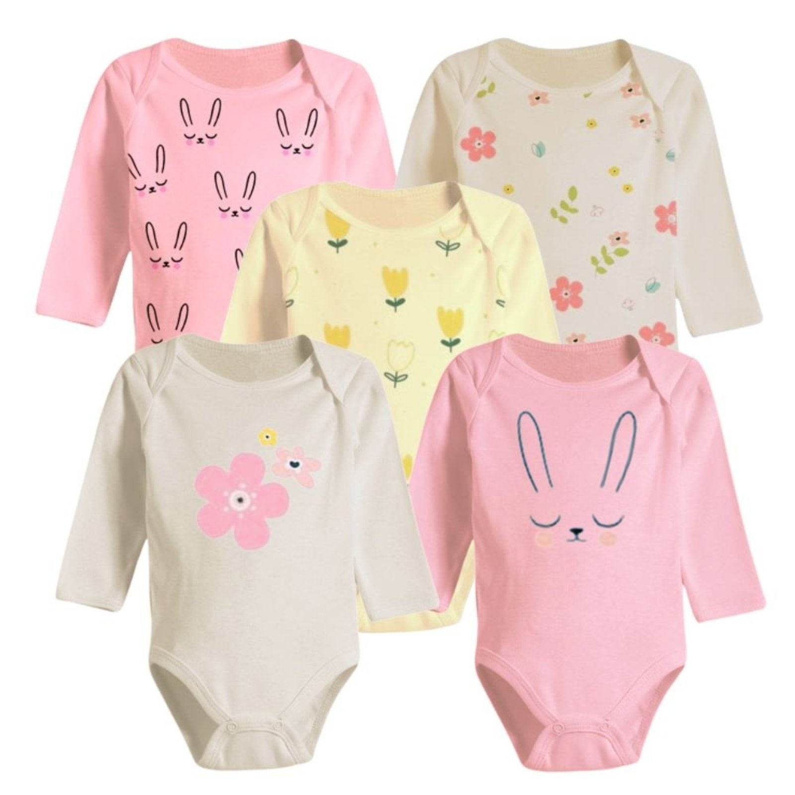 Infantil - Kit Enxoval Roupa de 5 Peças Body Manga Longa Estampado Rosa