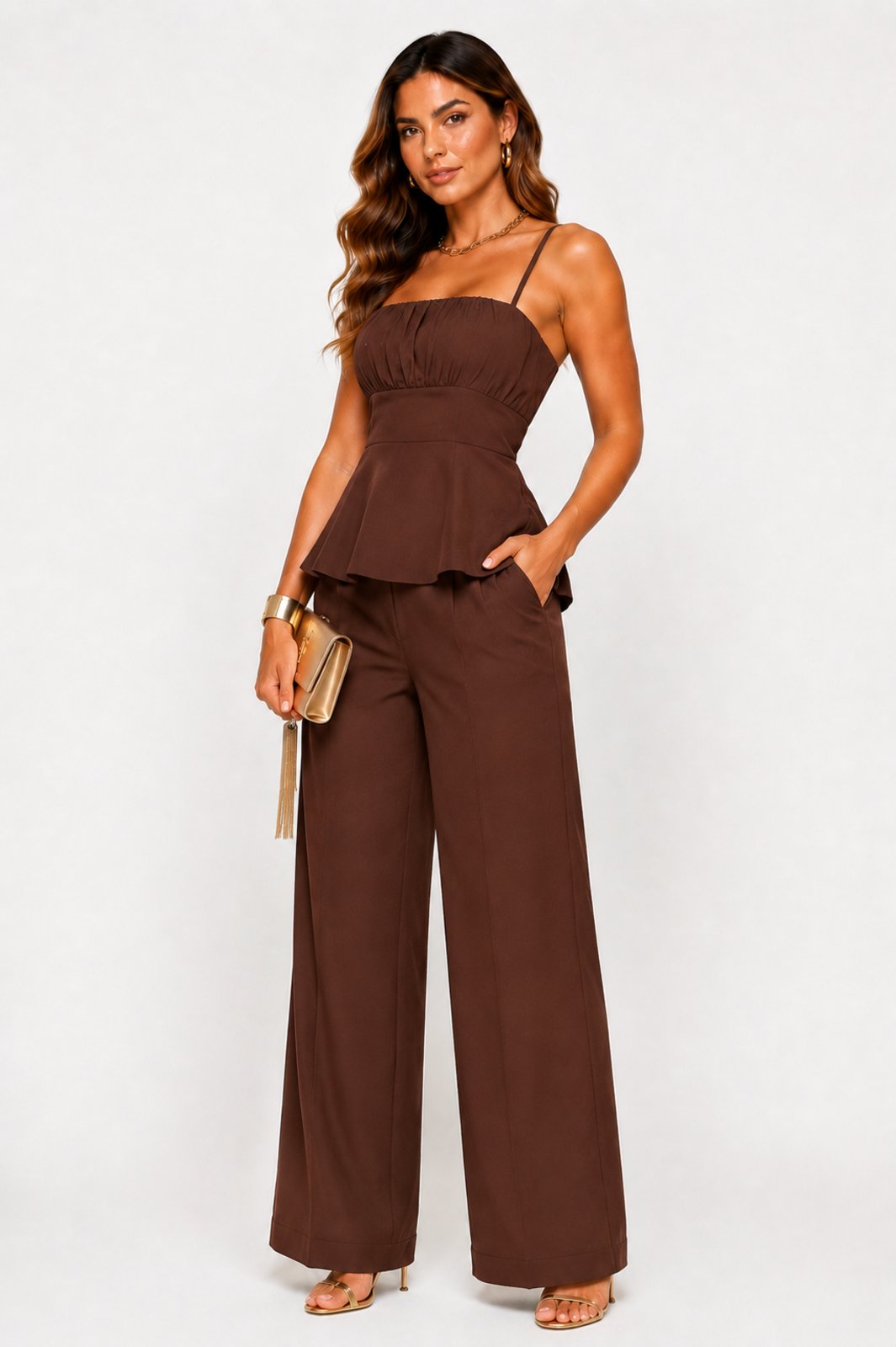 Conjunto D Bell Outlet Fashion Blusa Peplum e Calça Marrom