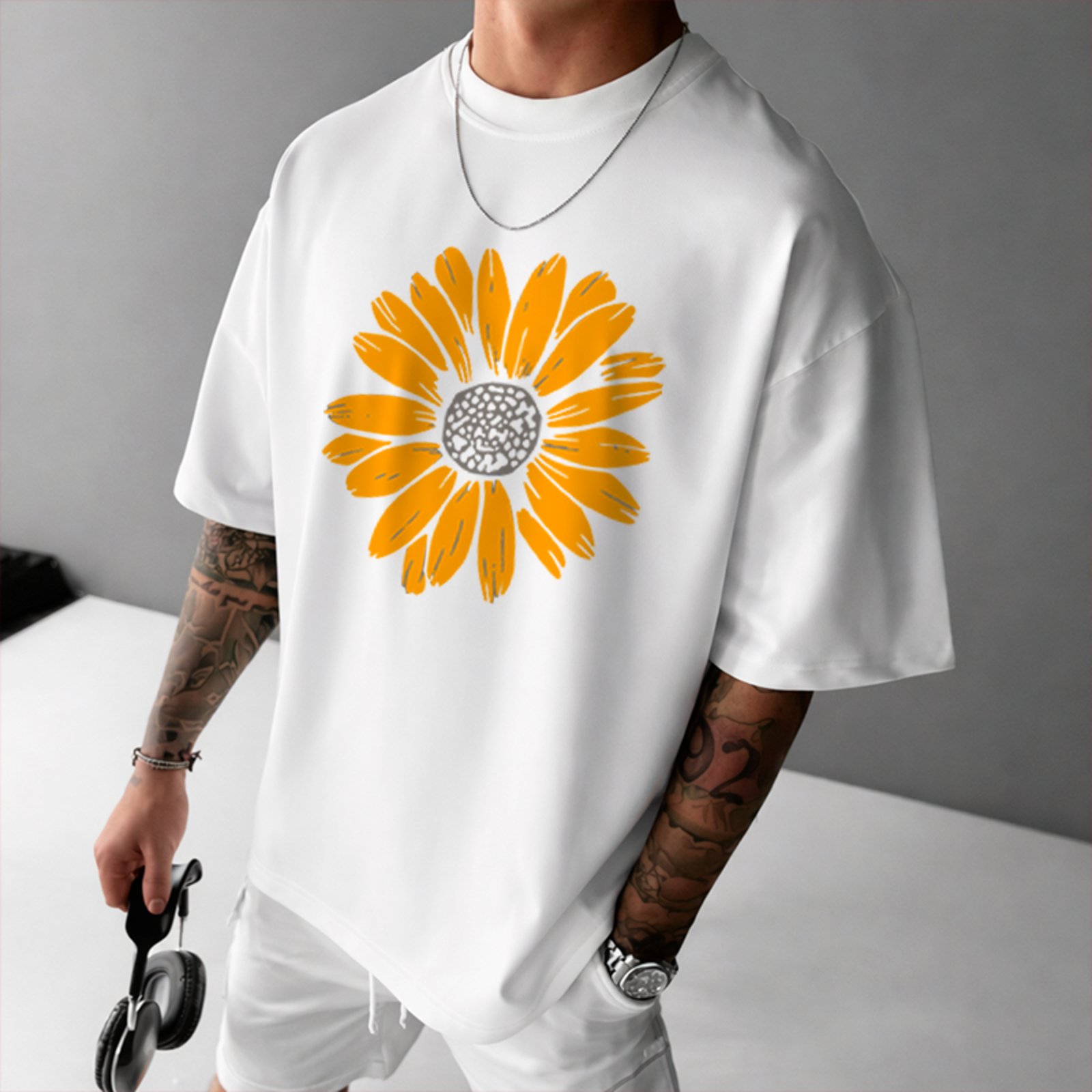 Camiseta Oversized Sunflower Flower Style Unissex Branco