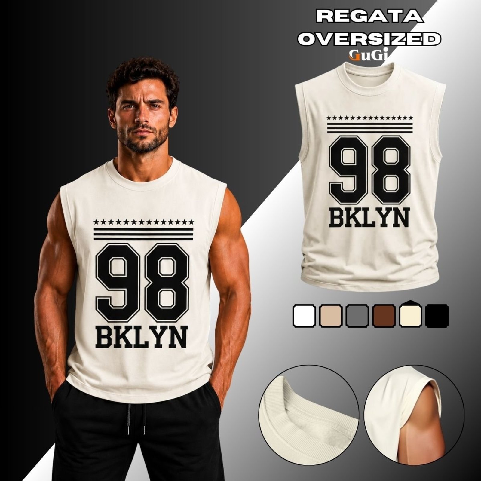 Camiseta Regata Masculina Oversized Estampada 98 Brooklyn 100% Algodão Off White