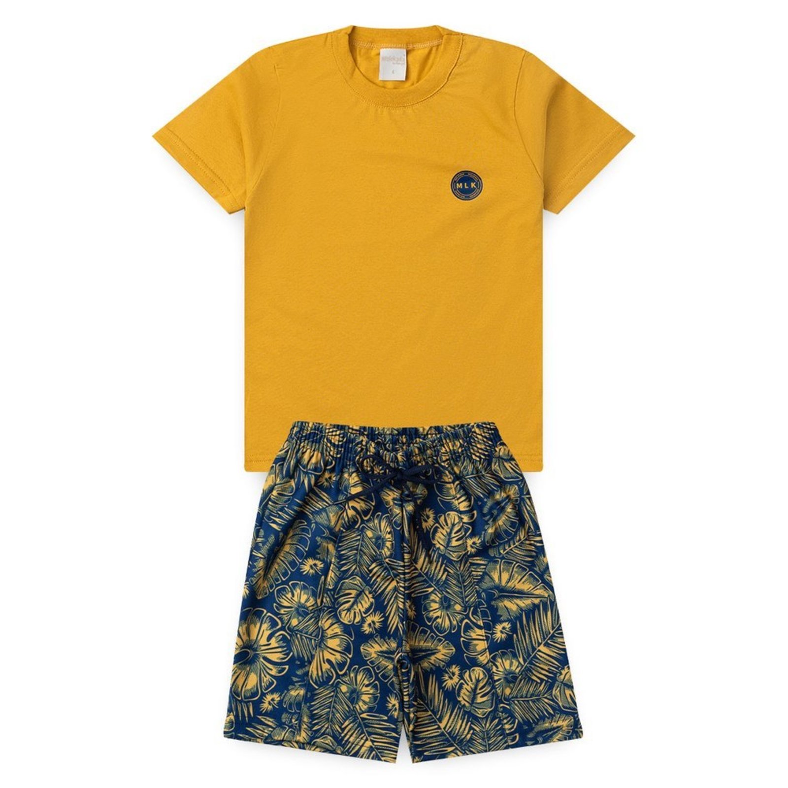 Infantil - Conjunto Verão Menino Amarelo Camiseta e Bermuda com Recorte Folhagens