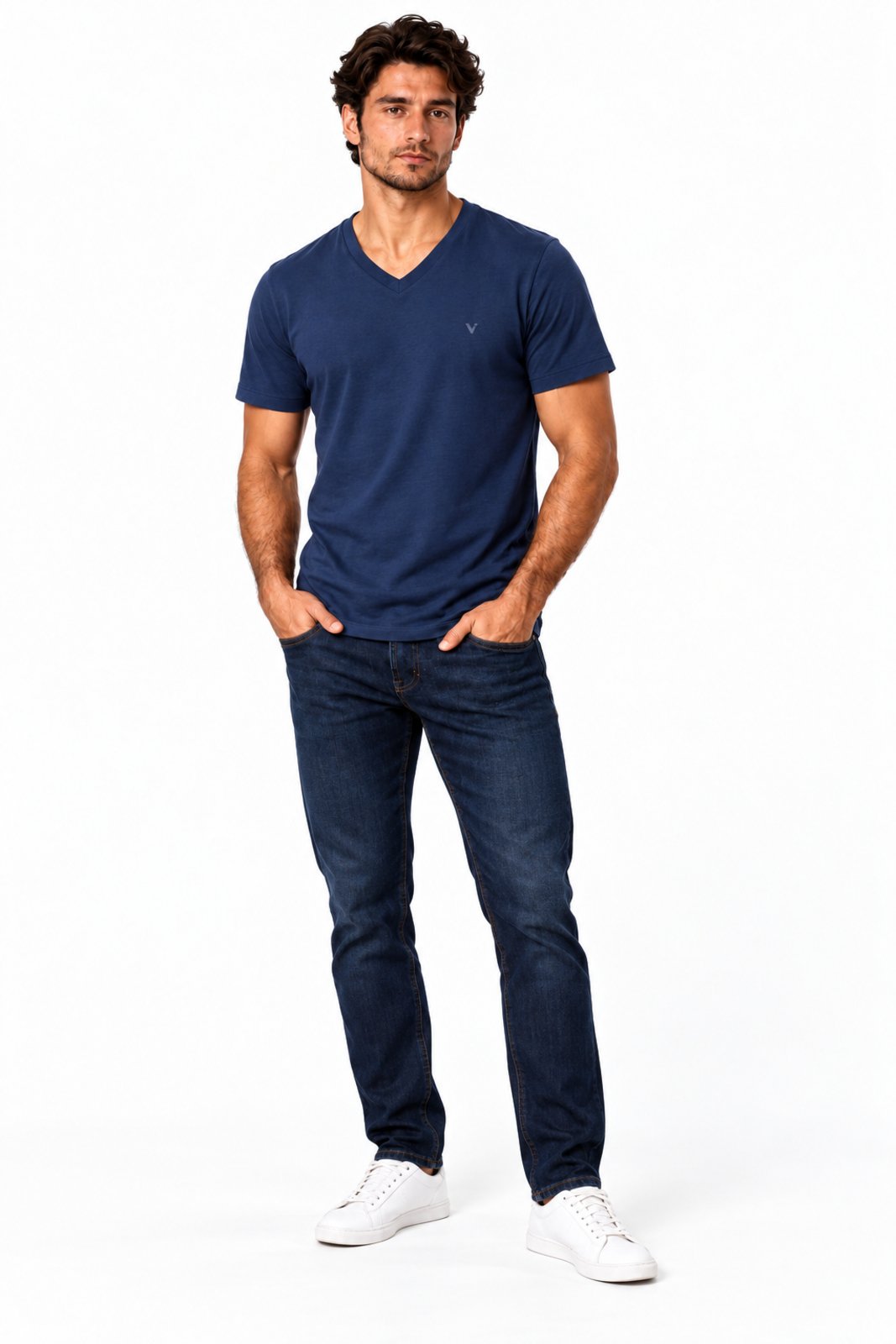 Camiseta Masculina D Bell Outlet Fashion Gola V em Algodão com Elastano Azul Marinho