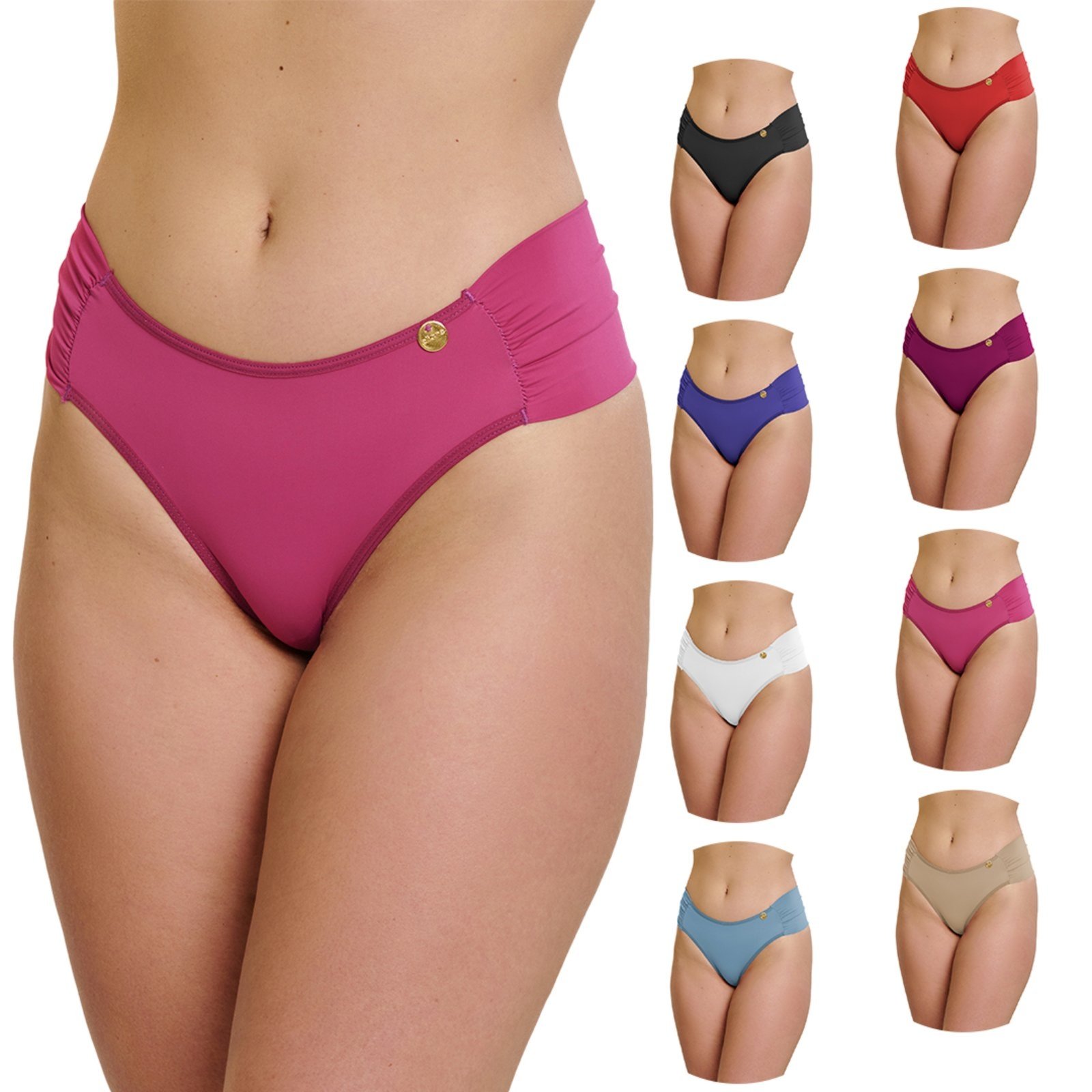 Vista 2 Kit 6 Tangas Gabi Lingerie Feminina Poliamida Fio Duplo Calcinha Franzida Lateral Lingerie Lisa Microfibra multicolorido Gabi Lingerie multicolorido