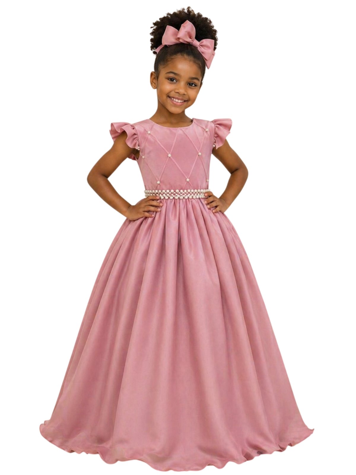 Infantil - Vestido Longo Social Rosa Rosé Nude Amêndoa Festa Formatura Casamento Pérolas Dama Daminha Menina Juvenil Juvenil Princesa Rodado Florista Aniversário Luxo