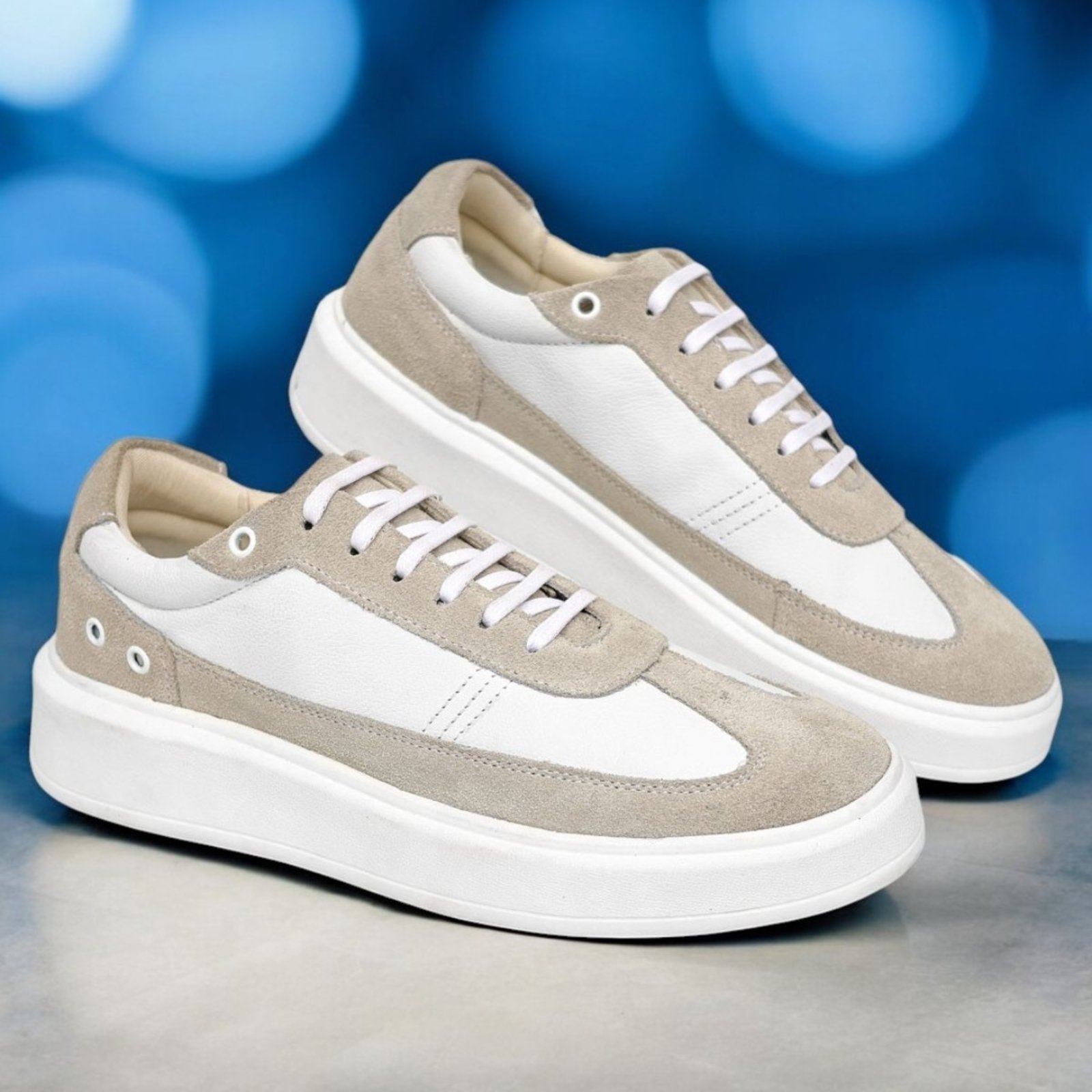 Tênis Casual Sneaker Masculino Couro Confort Mr Light Camurça Premium Branco/Nobuck Areia
