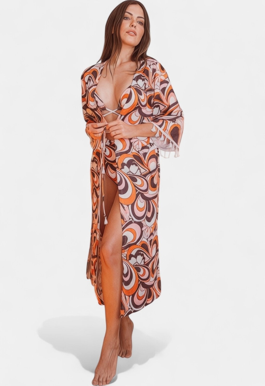 Kimono Areia Branca Baly Geo Marrom