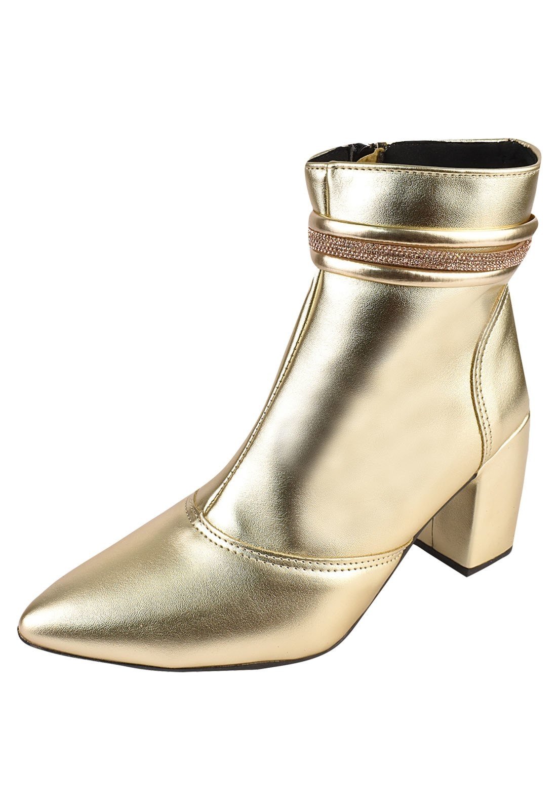 Bota Cano Curto Rosa Chic Calçados Bico Fino Salto Alto Zíper Brilho Strass Feminino Dourado