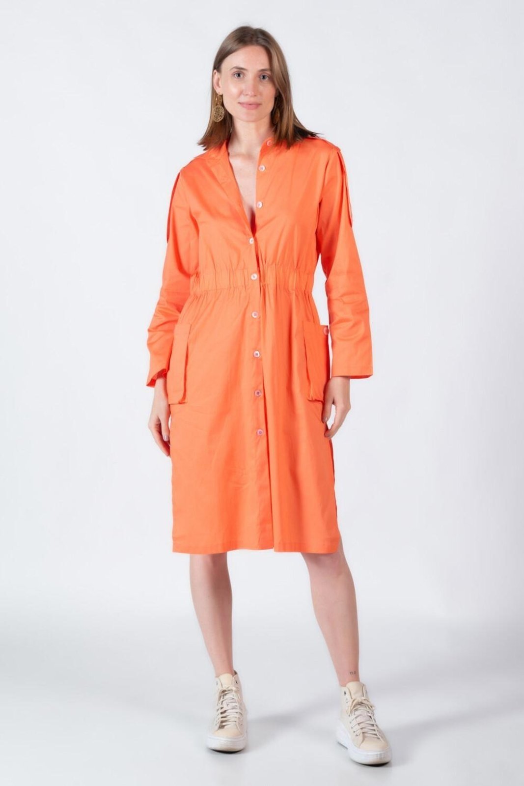 Vestido em algodao com bolsos Laranja
