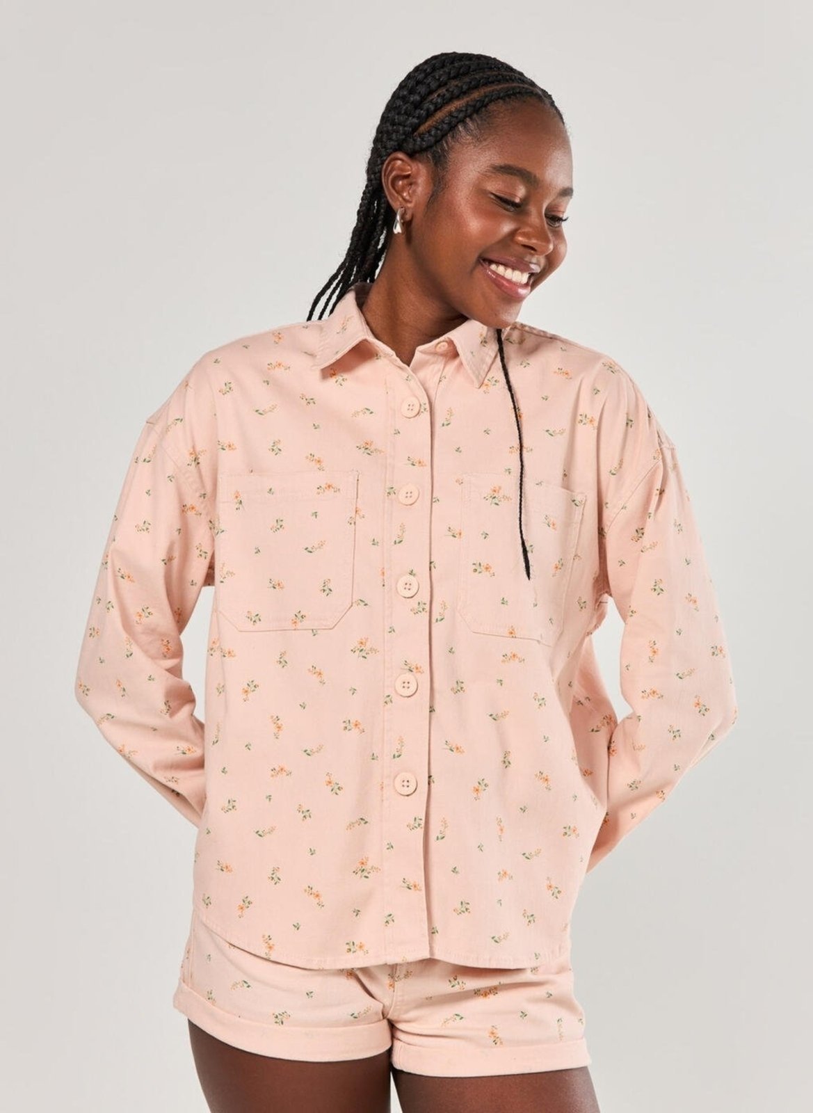 Jaqueta Estilo Camisa Sarja Rosa Florida