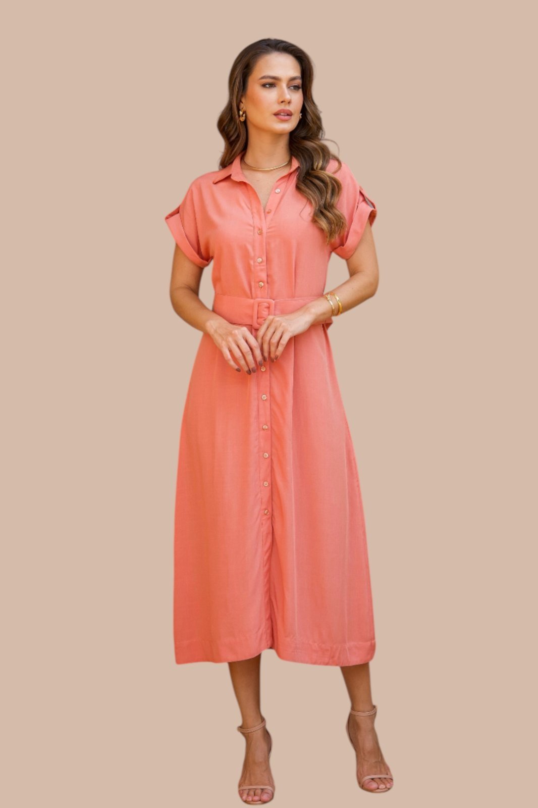 Chemise Midi Ícone Fashion Manga Curta com cinto Rosa Salmão