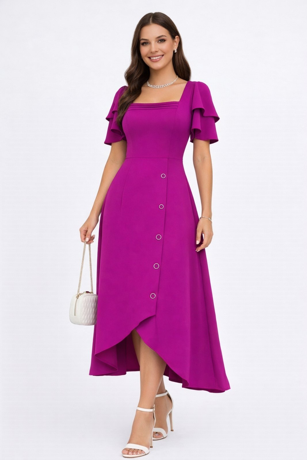 Vestido Midi D Bell Outlet Fashion Manga Babado Roxo