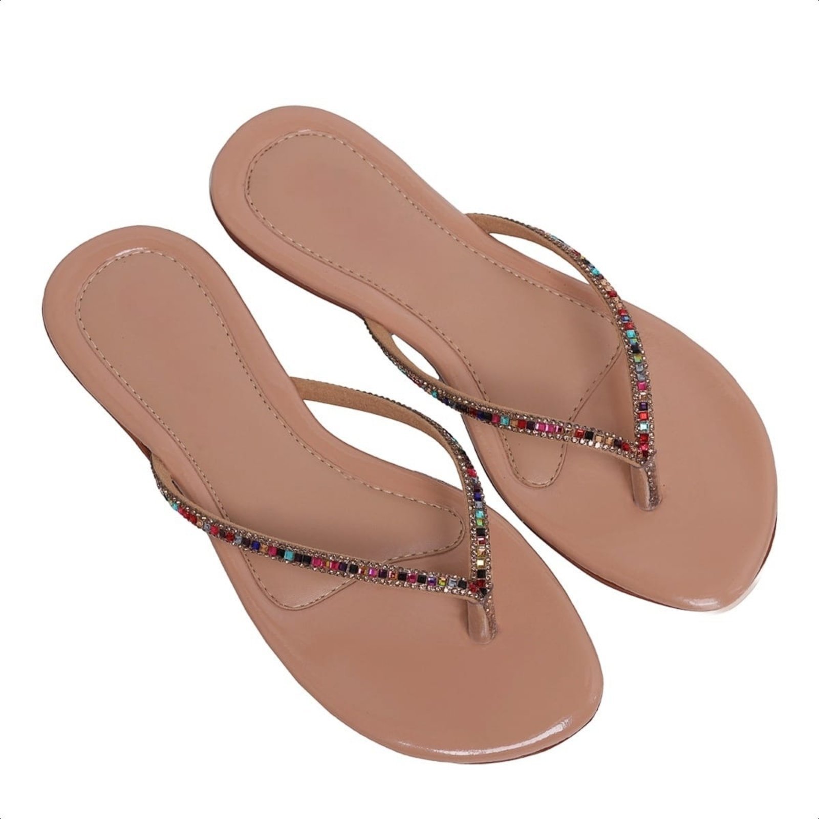 Rasteirinha Chinelo Feminino Nude Bege Verniz Tira De strass Brilho 34 ao 43 Carmelo Shoes Casual Festa Praia Verão Moda