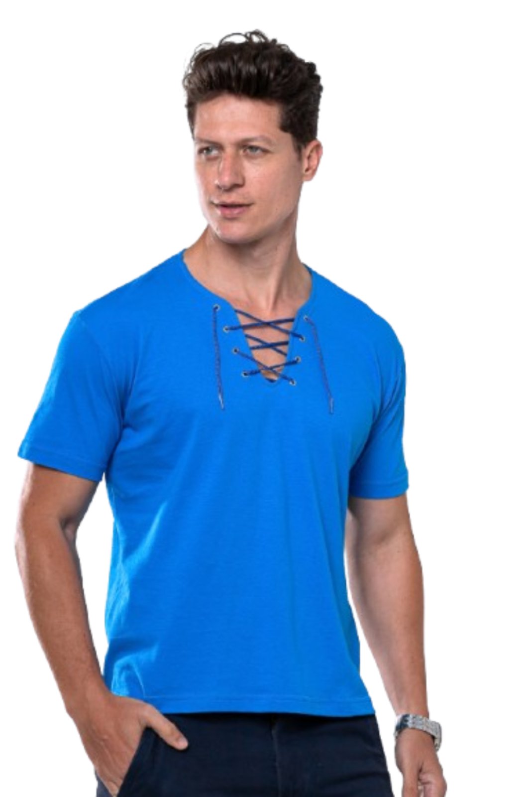 Camiseta Camisa Masculina Manga Curta Garais Moda 100% Algodão Gola V Com Cordão e Ilhós Moderna Azul